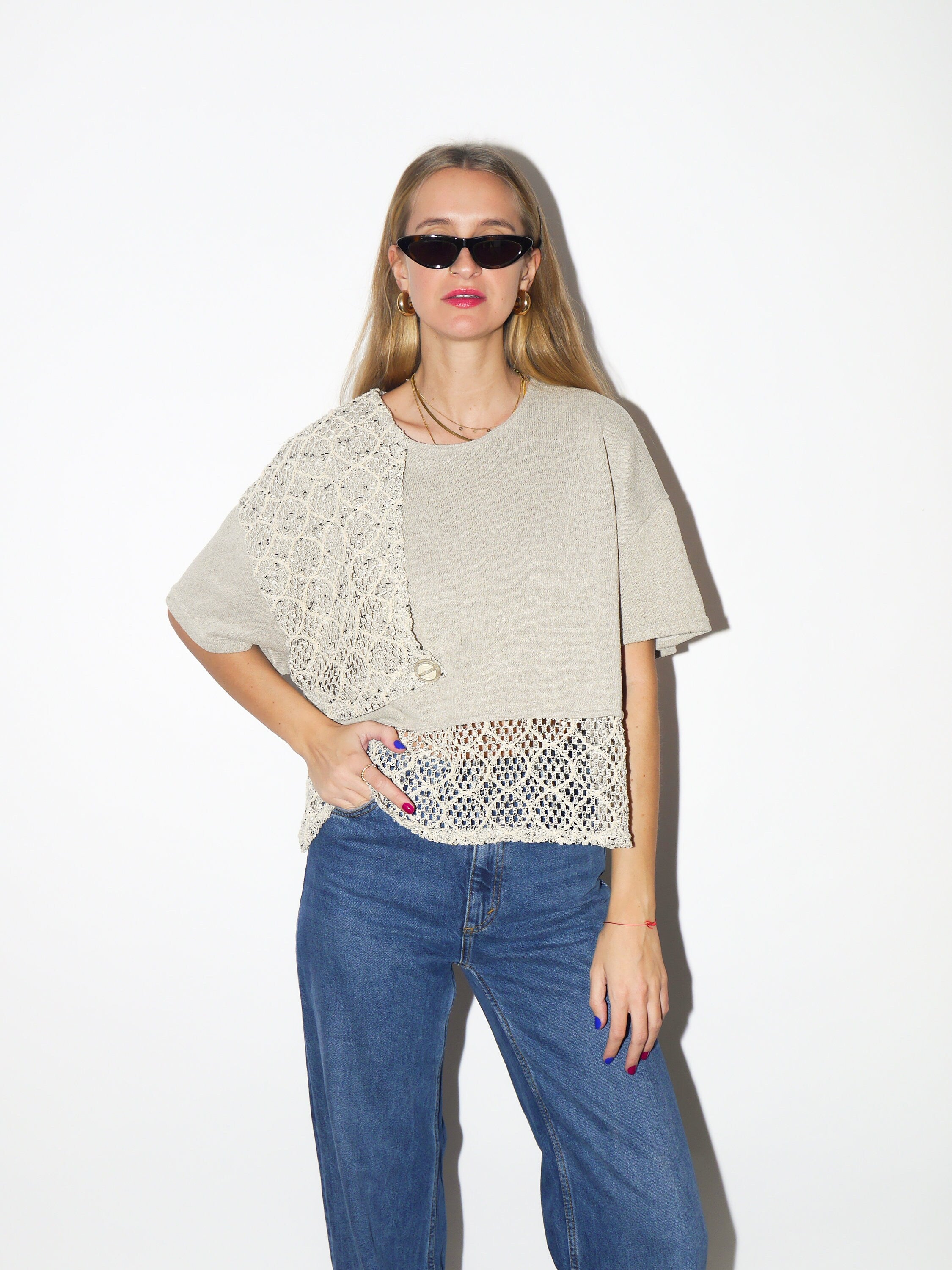 VINTAGE Lulu Paris sweater 1980s | beige crop oversize sweater | stylish short sleeve khaki sweater with openwork details
