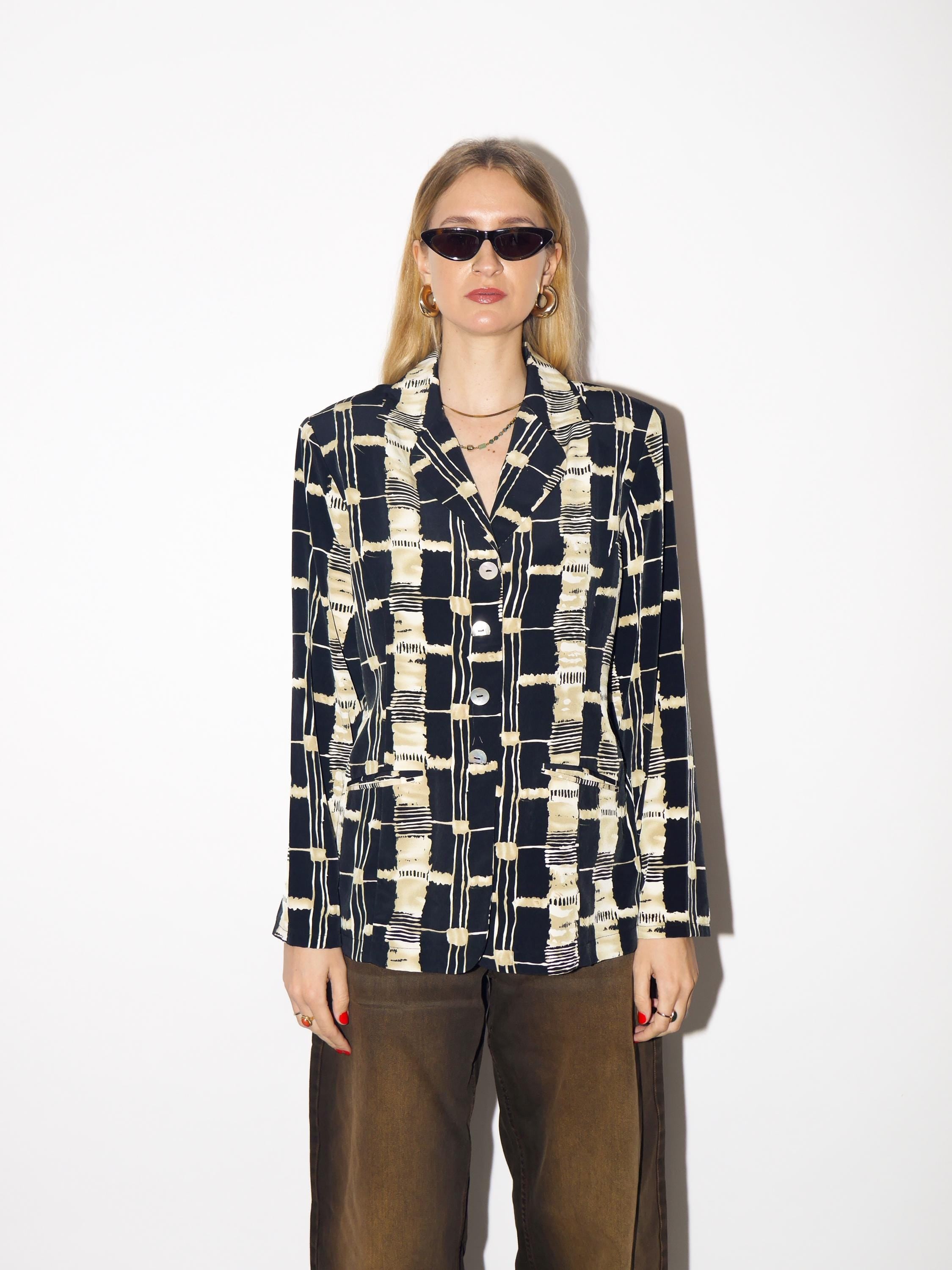 VINTAGE blazer in black and beige geometric print with shoulder pads from 1980s