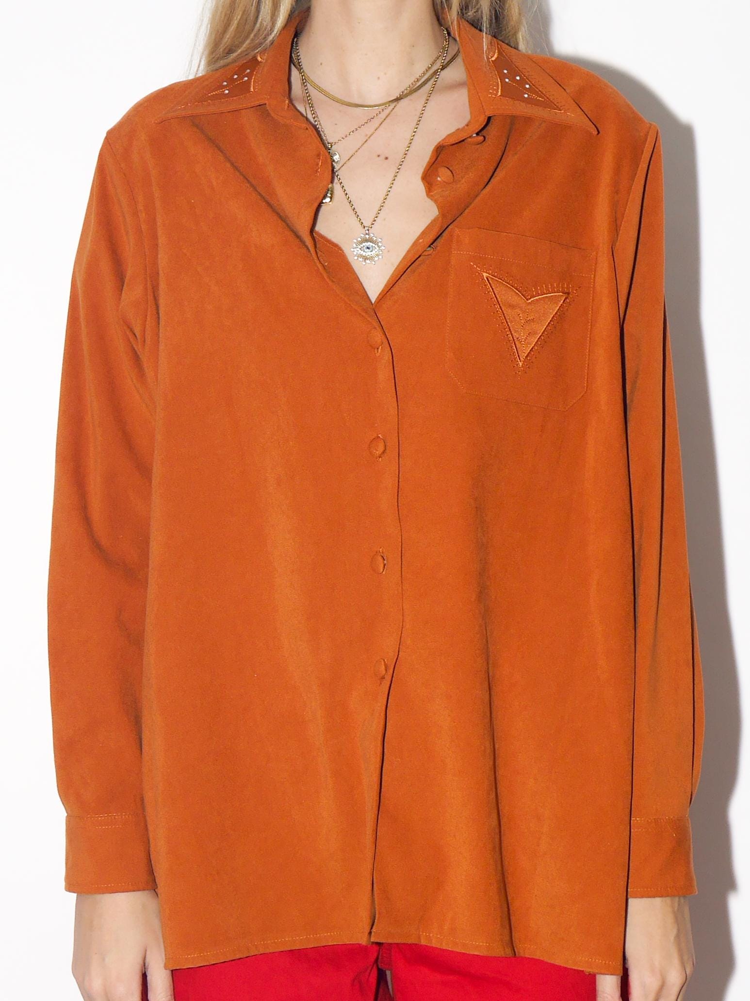 VINTAGE Rust Orange Embroidered Button Down Blouse From The 1980s