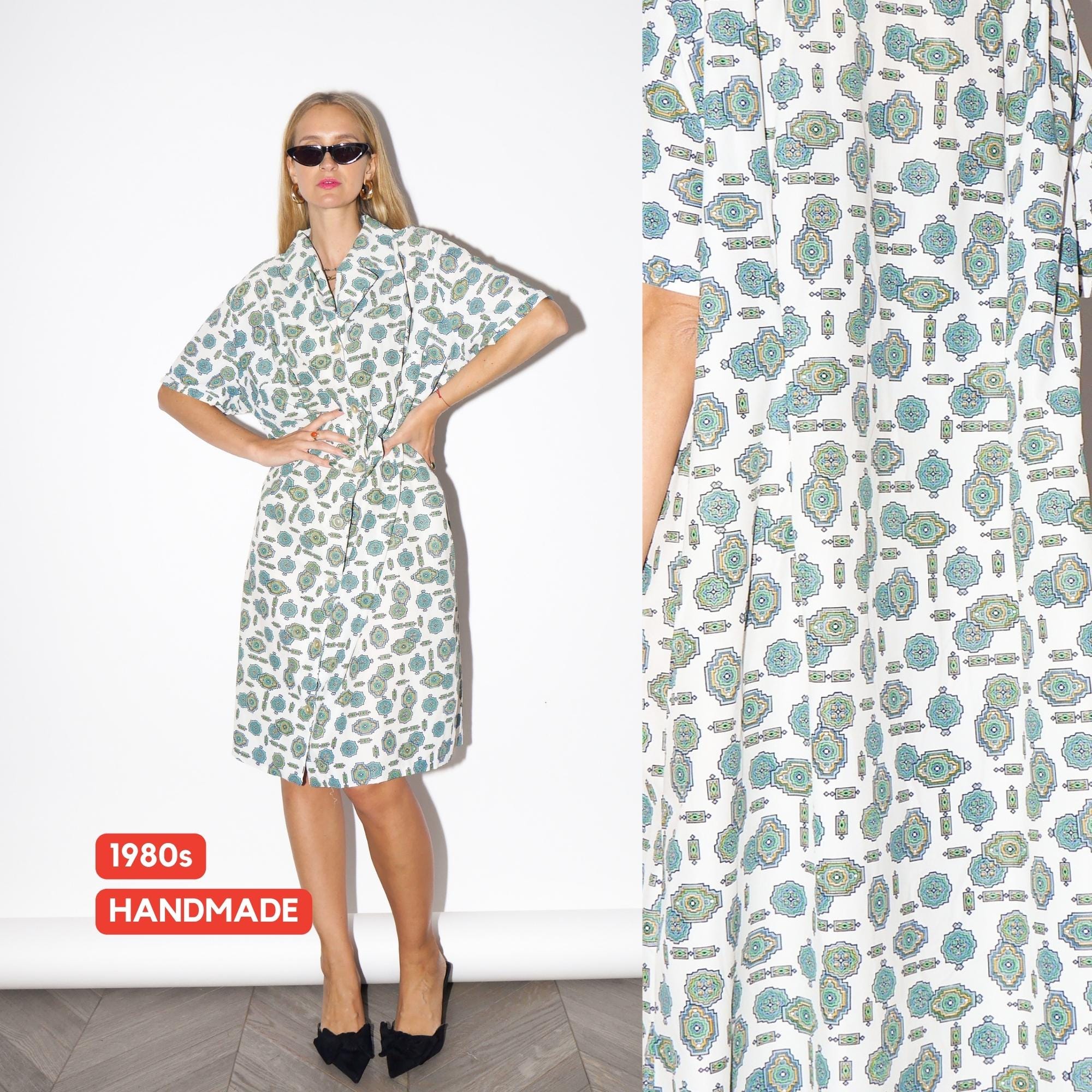 1980s Midi Dress - Vintage Handmade Oversize Dress, Semi-Sheer Cream Green Art Deco Patterned Dress, Retro Fashion Clothing for Women