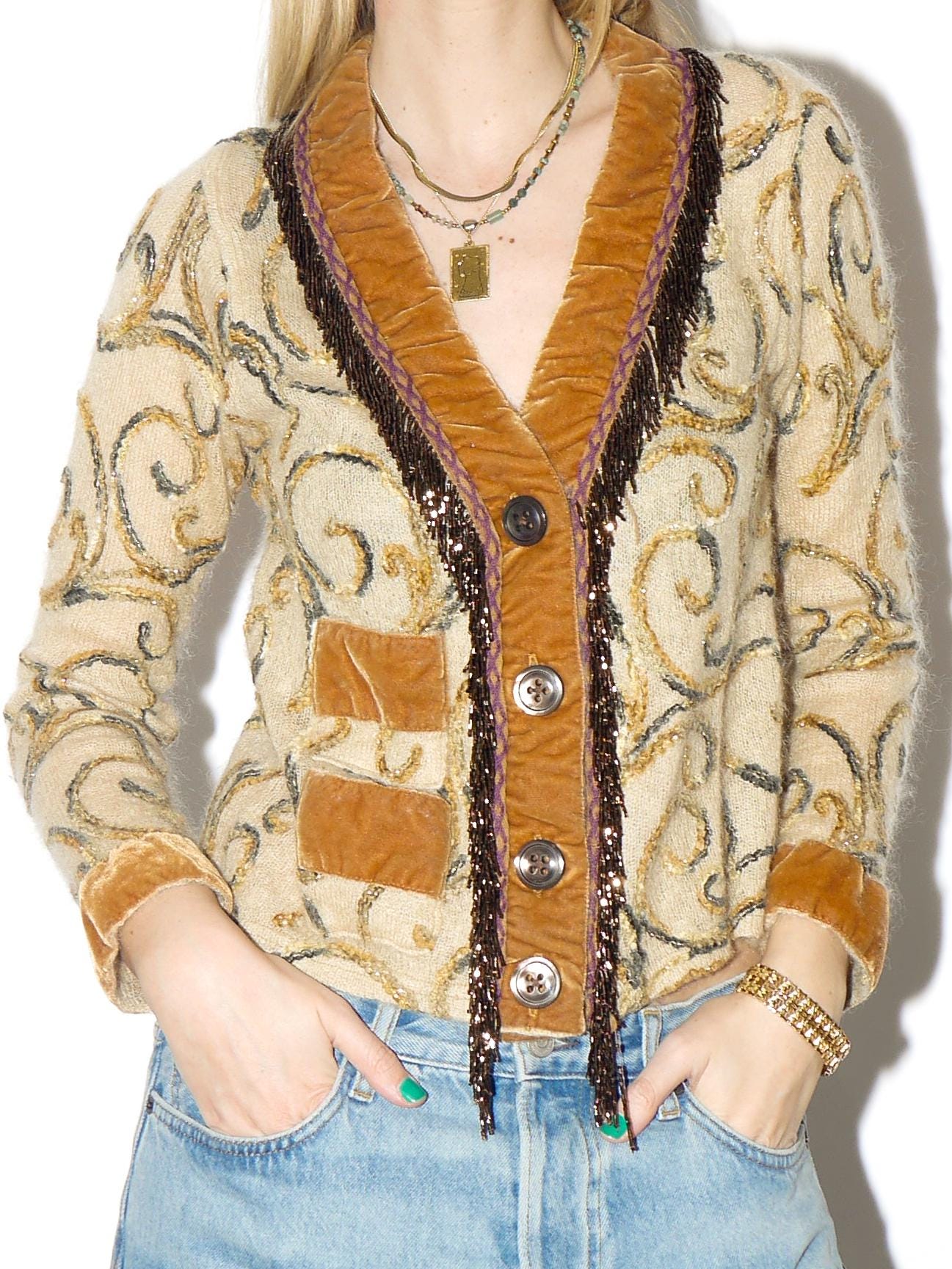 VINTAGE beige mohair cardigan from 1990s with bead embroidery, velvet elements