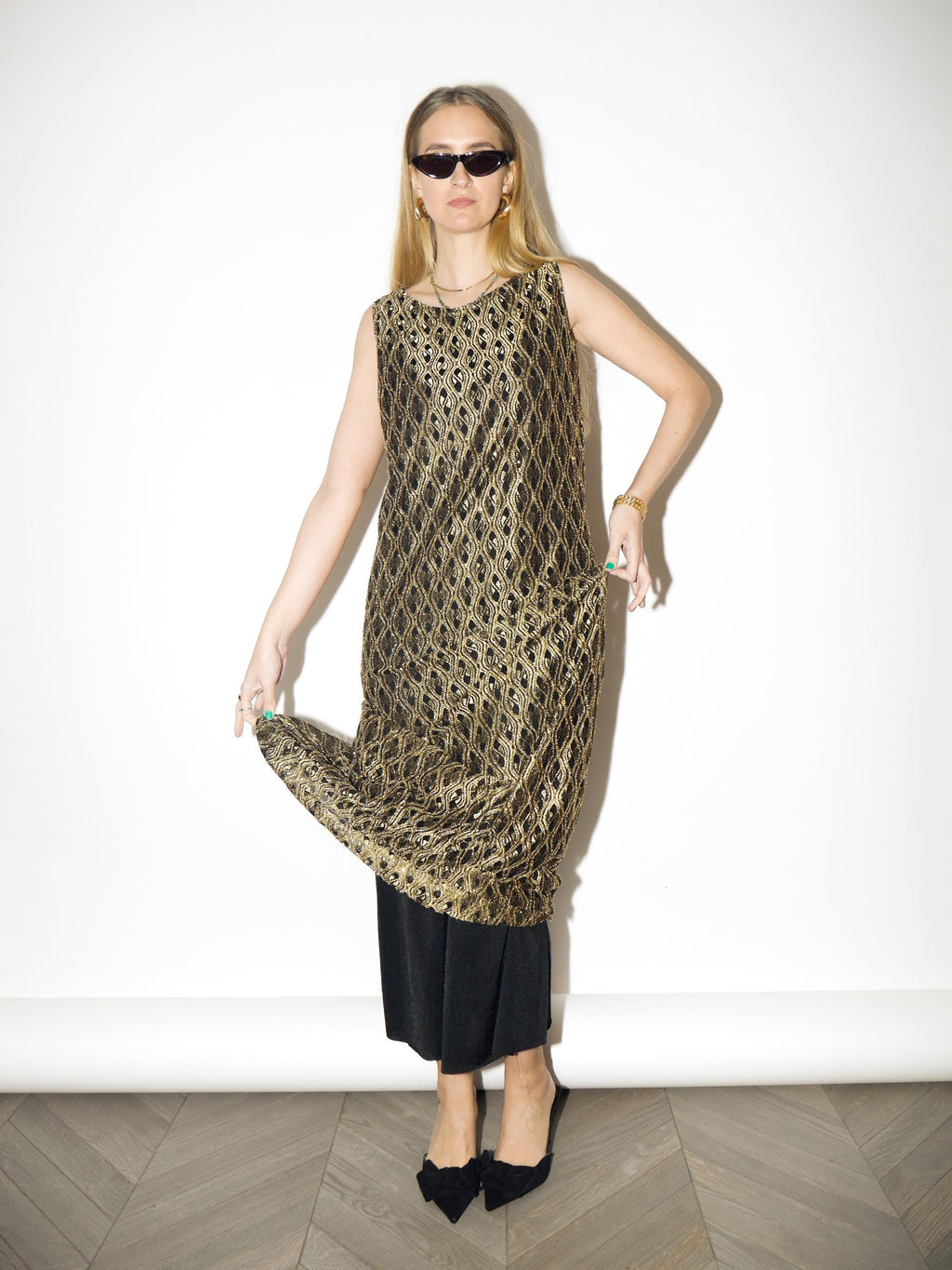VINTAGE Gold Glittery Maxi Dress from 1980s | Sleeveless Long Evening Dress