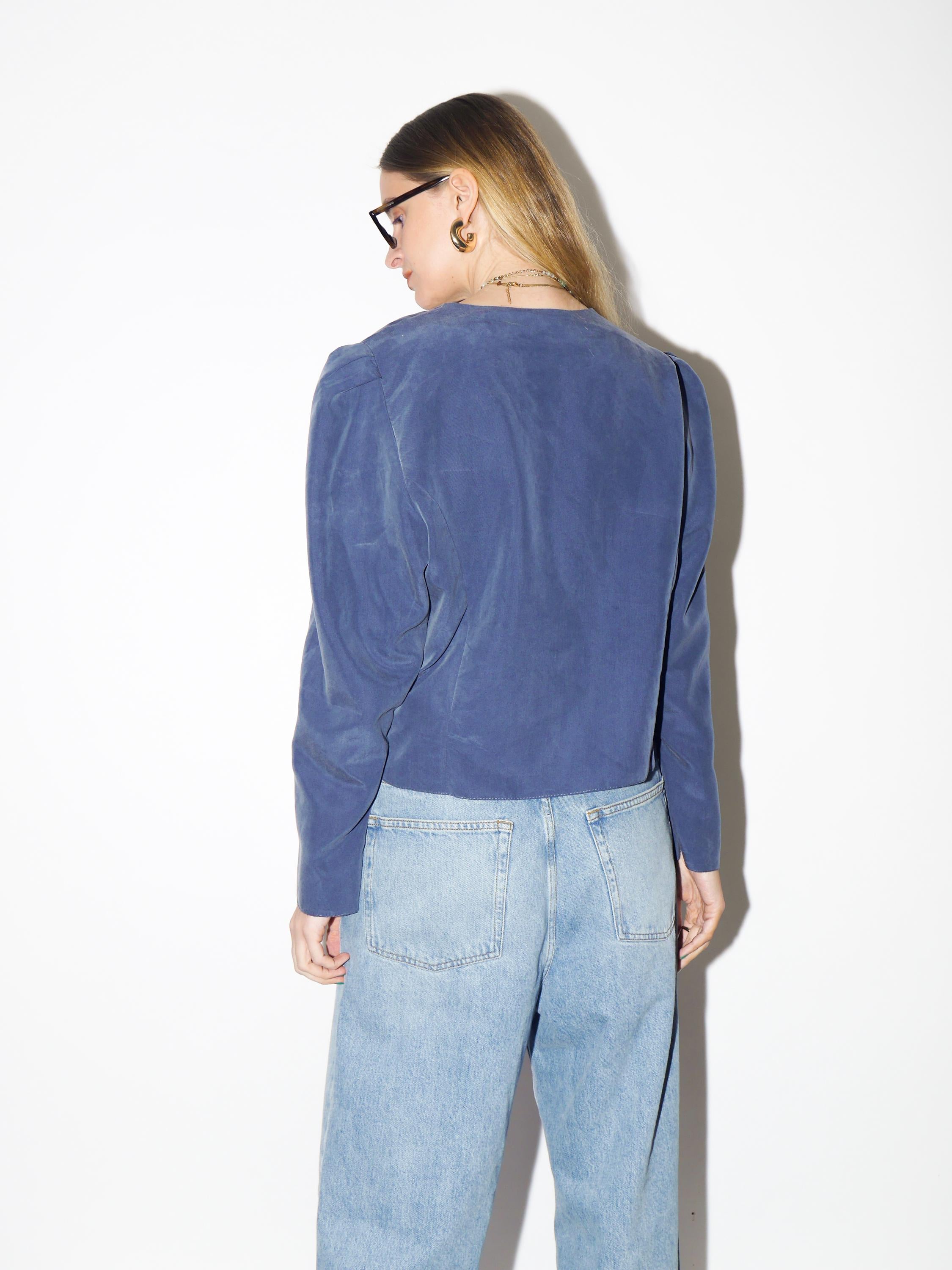 VINTAGE Blue Buttoned Blouse from 1980s with square neckline by Madame Rita®