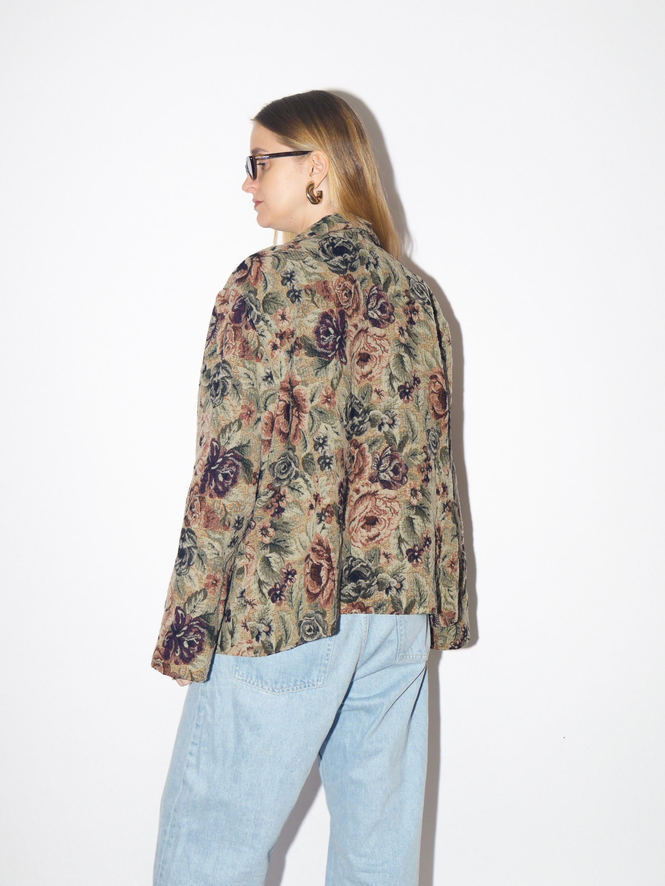 VINTAGE floral jacquard blazer from 1980s made of beige and pink cotton and wool