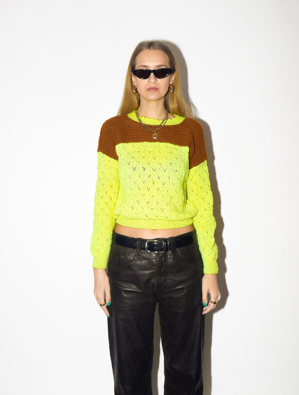 VINTAGE Neon Yellow Hand Knit Sweater from 1980s | Chunky Oversized Sweater