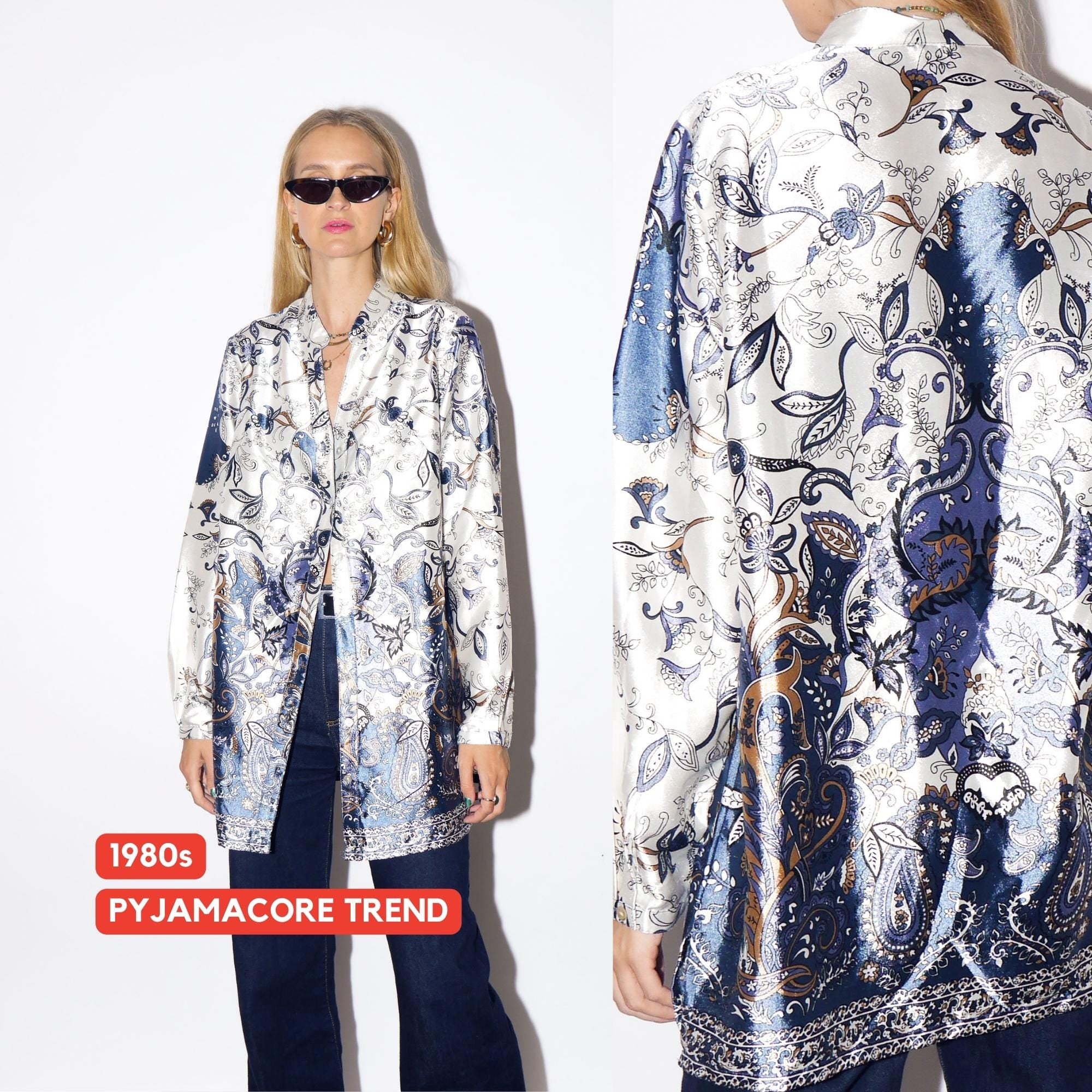 1980s Retro Patterned Pyjama Shirt - Vintage Long Sleeved Shiny Shirt, Oversize Fit Pajamacore Shirt, Retro Fashion Clothing for Women