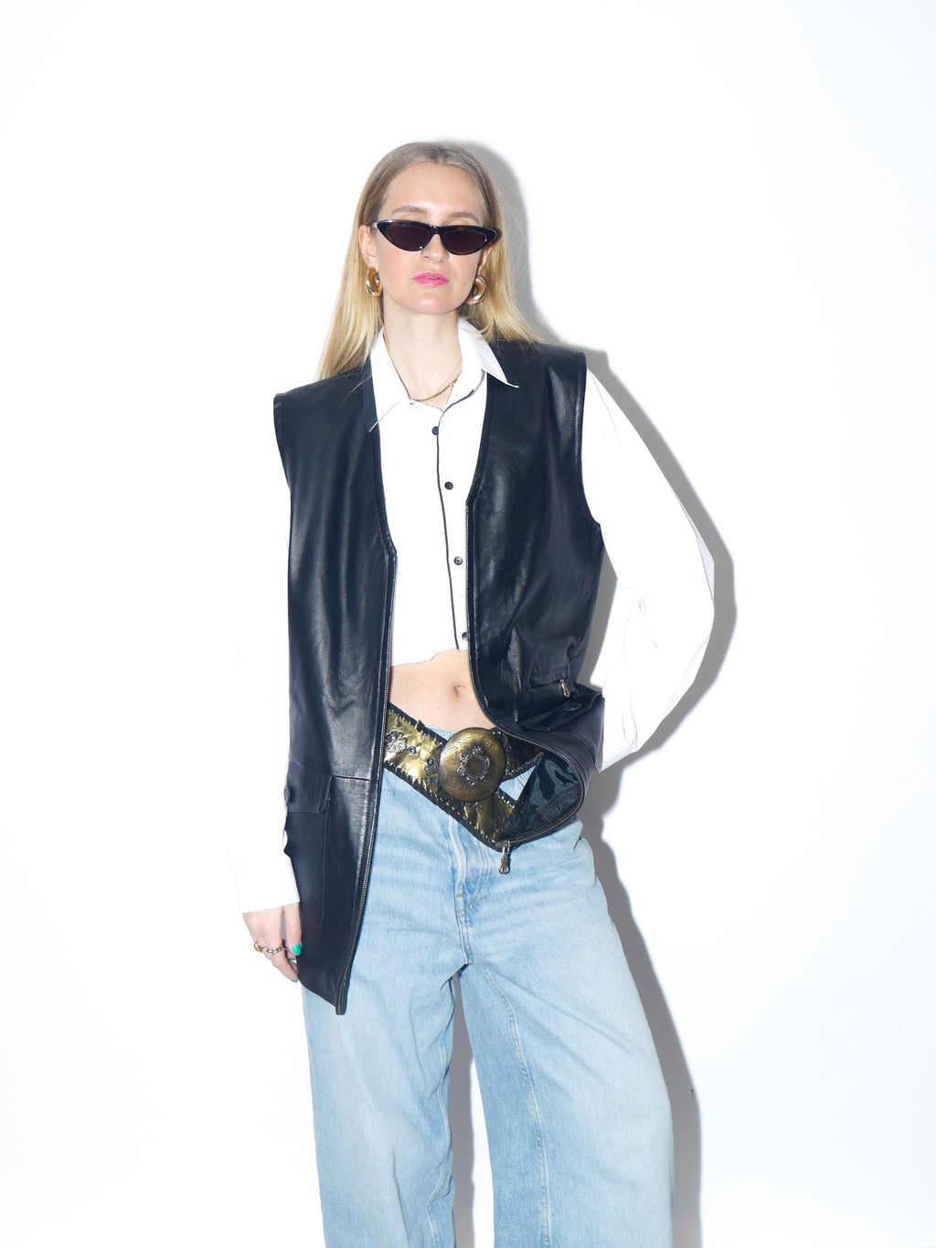VINTAGE black leather vest from the 1990s | oversize black leather waistcoat
