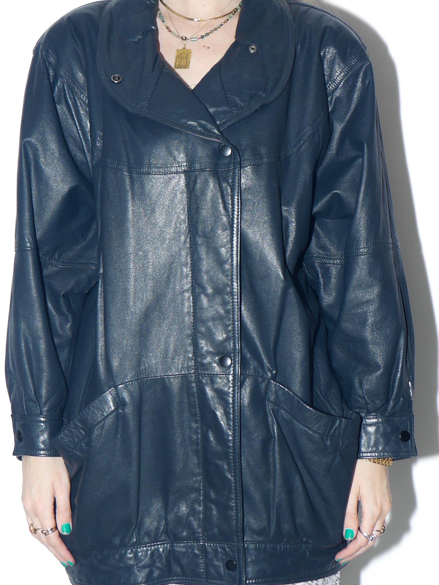 VINTAGE navy leather jacket from 1980s in oversize fit with stand-up collar