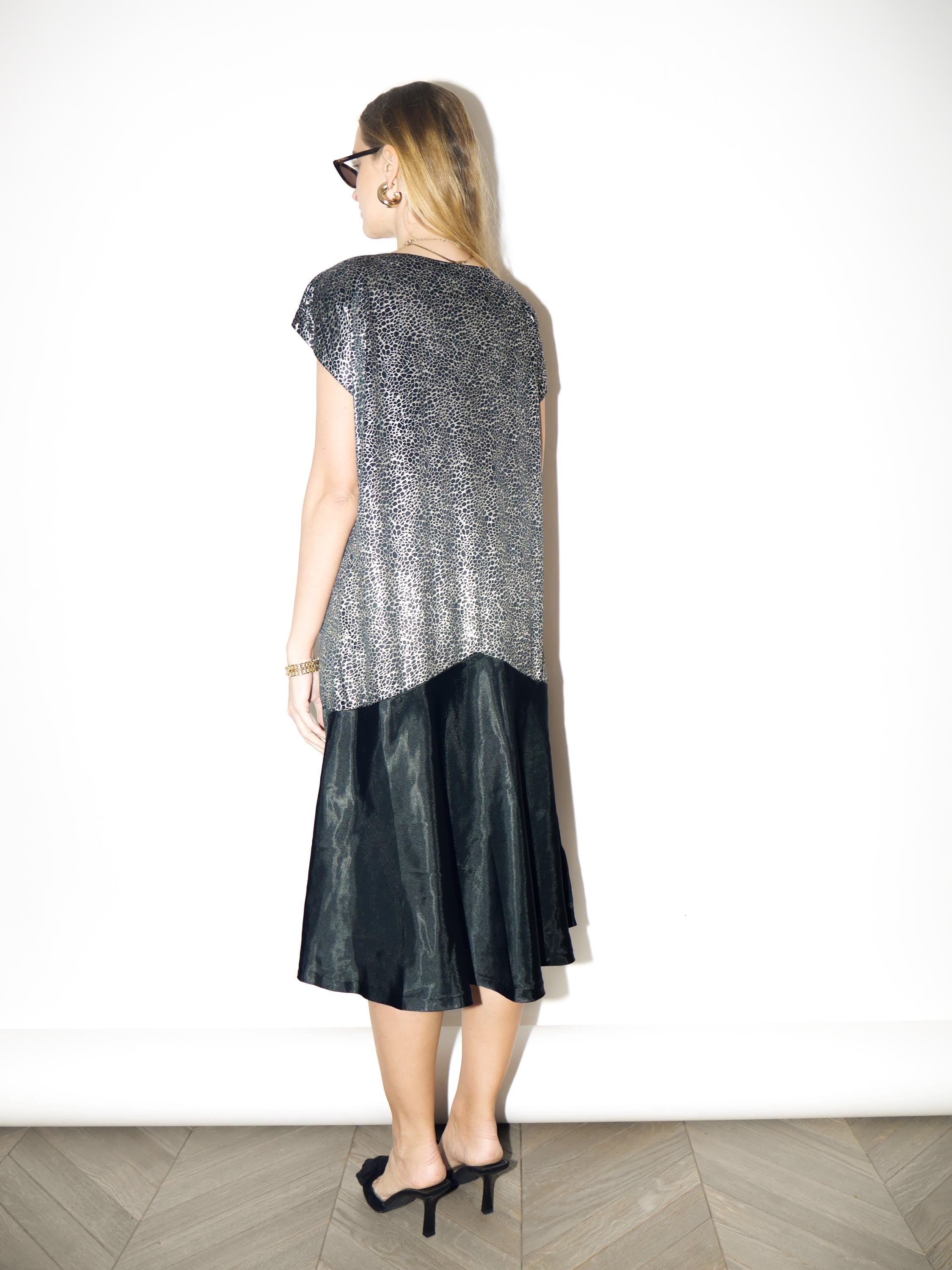 VINTAGE Silver & Black Midi Dress from 1980s | Shimmy Style with Polka Dot Dress