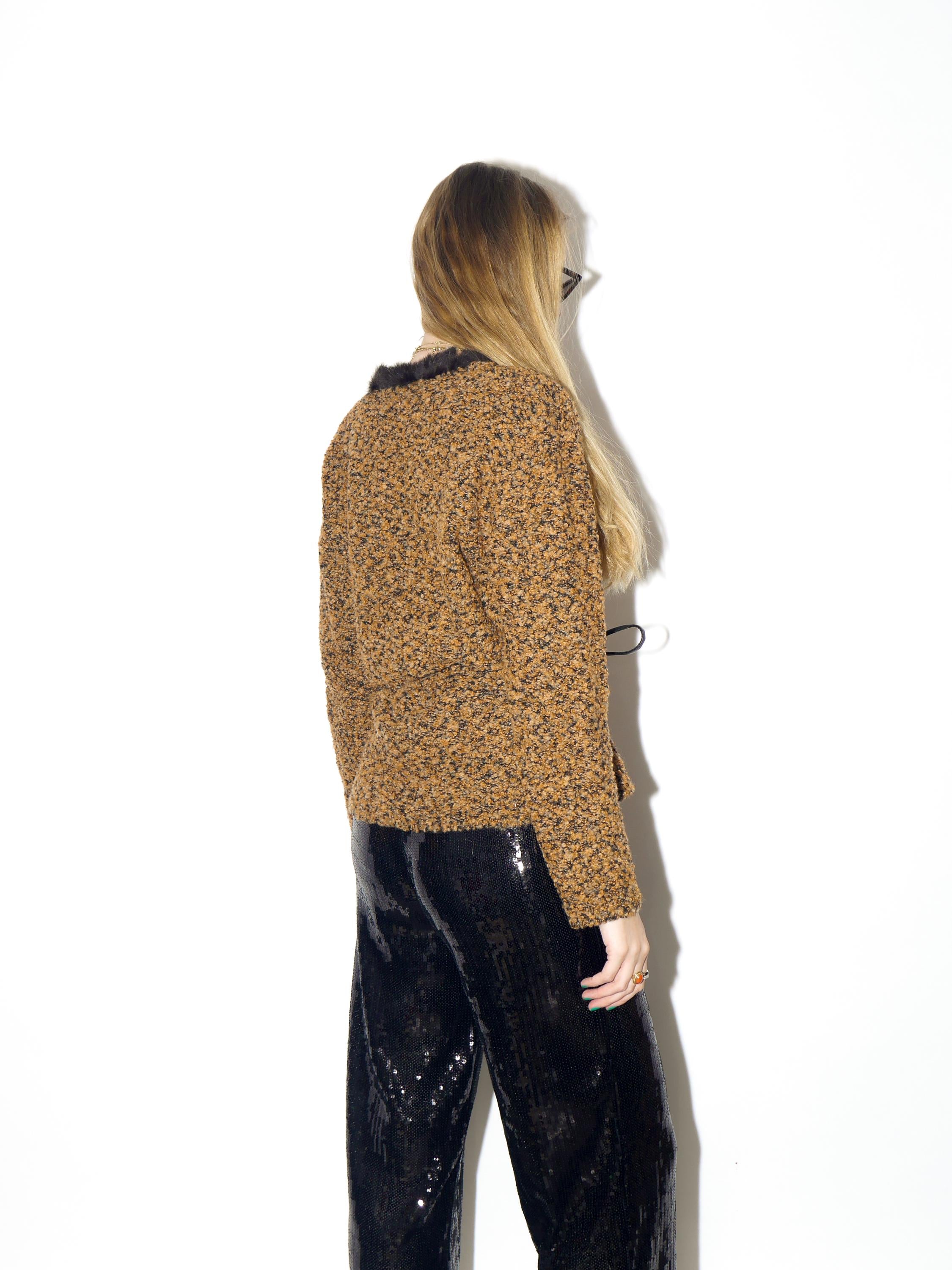 VINTAGE wool bouclé sweater with rabbit fur in deep orange with belt by Taifun®