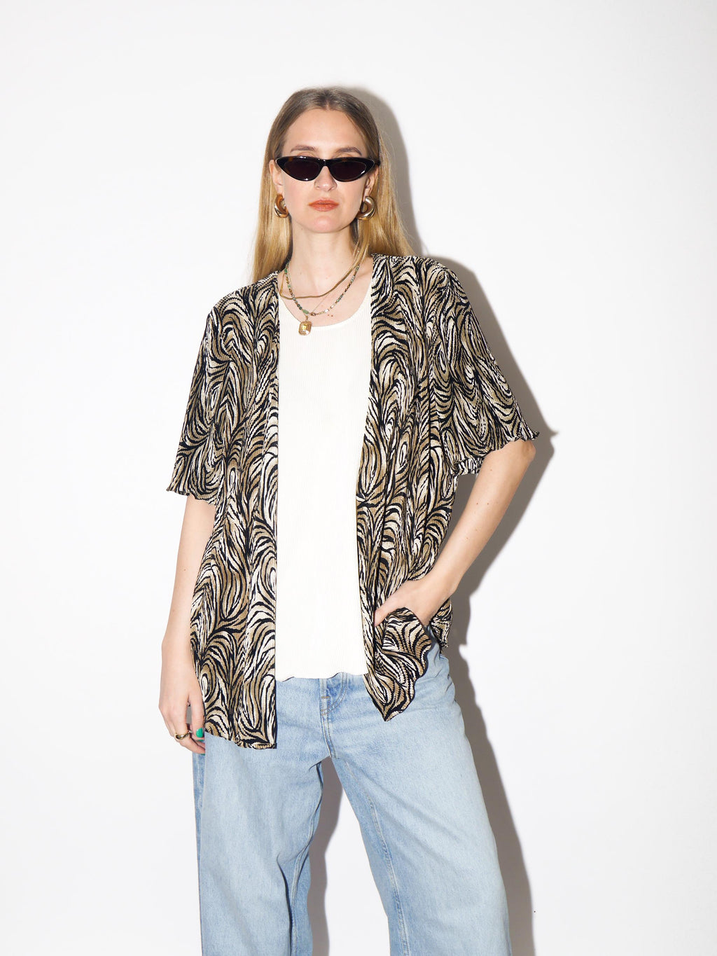 VINTAGE White and Animal Print Pleated Blouse from 1990s by Biaggini®