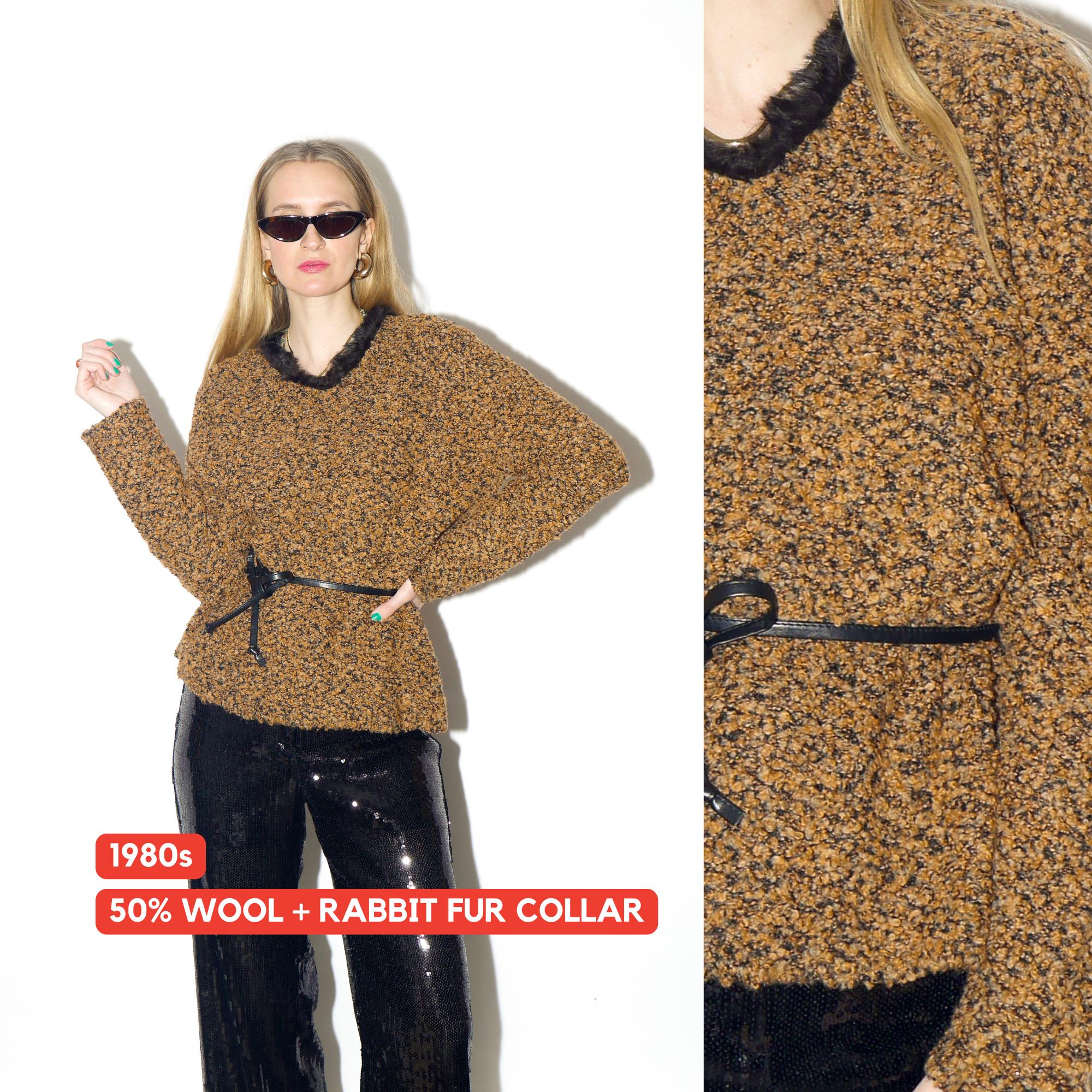 VINTAGE wool bouclé sweater with rabbit fur in deep orange with belt by Taifun®