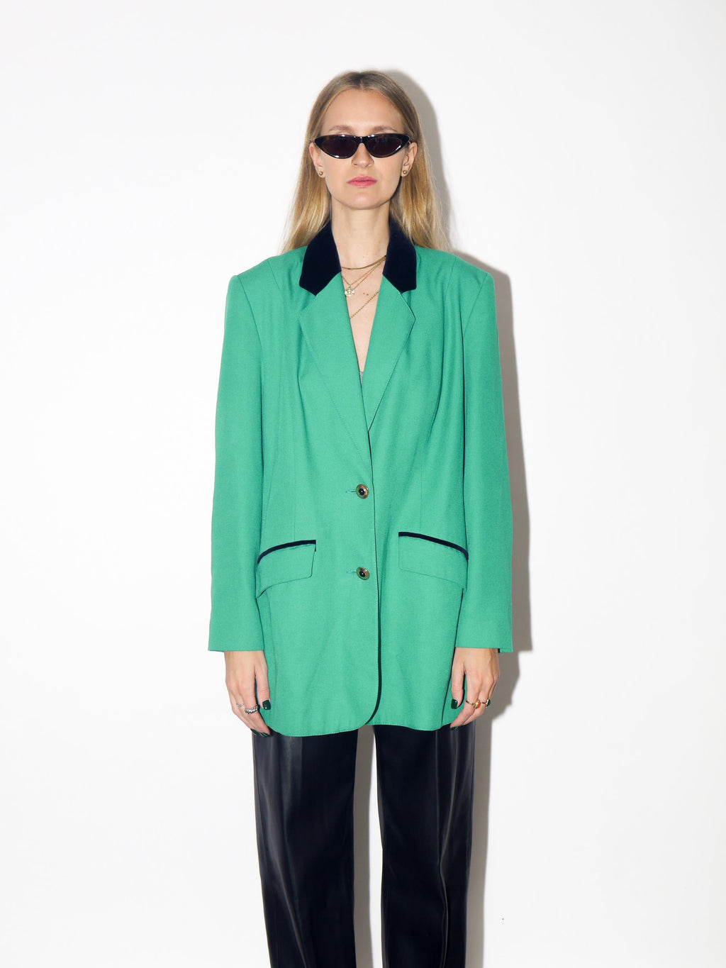 VINTAGE Green Oversized Blazer With Black Velvet Collar And Gold Buttons From The 1980s