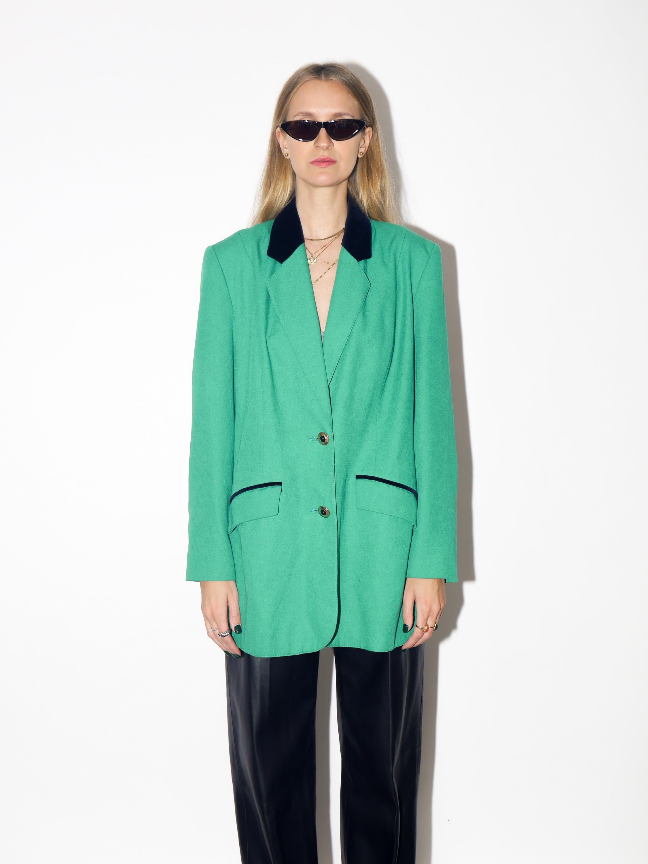 VINTAGE Green Oversized Blazer With Black Velvet Collar And Gold Buttons From The 1980s