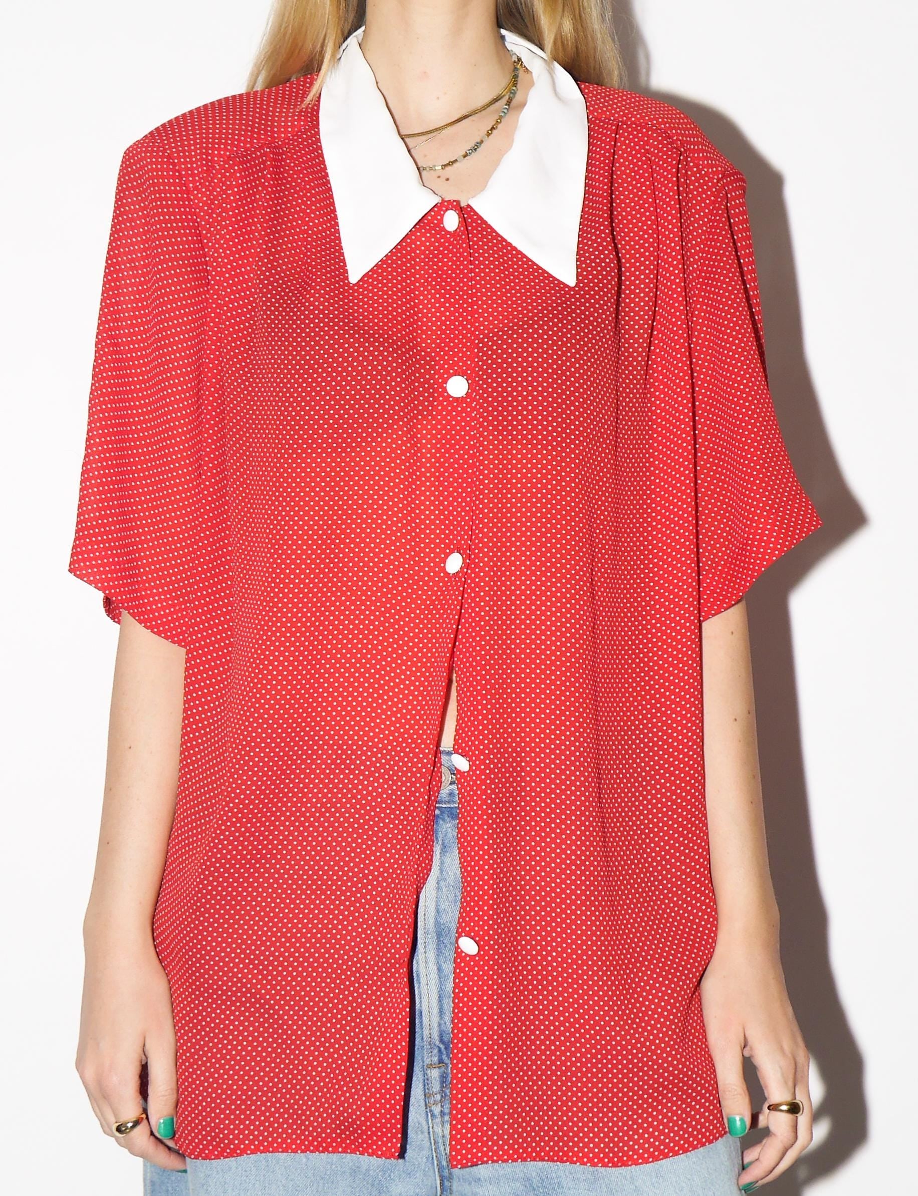 VINTAGE Red Polka Dot Blouse from 1980s | Oversized Short Sleeve Retro Shirt