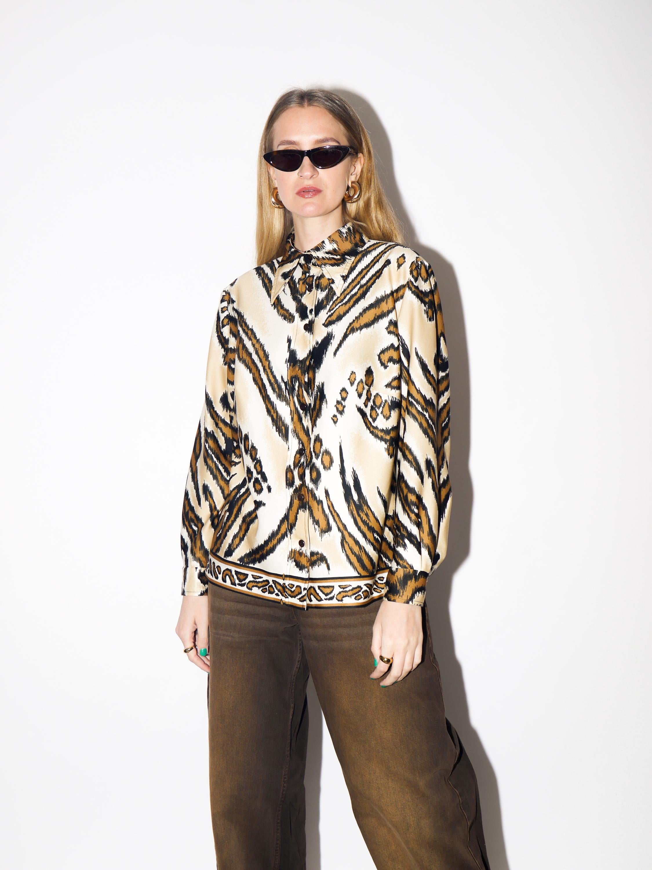 VINTAGE Beige & Brown Animal Print Blouse from 1980s | Vintage Tiger Print Shirt