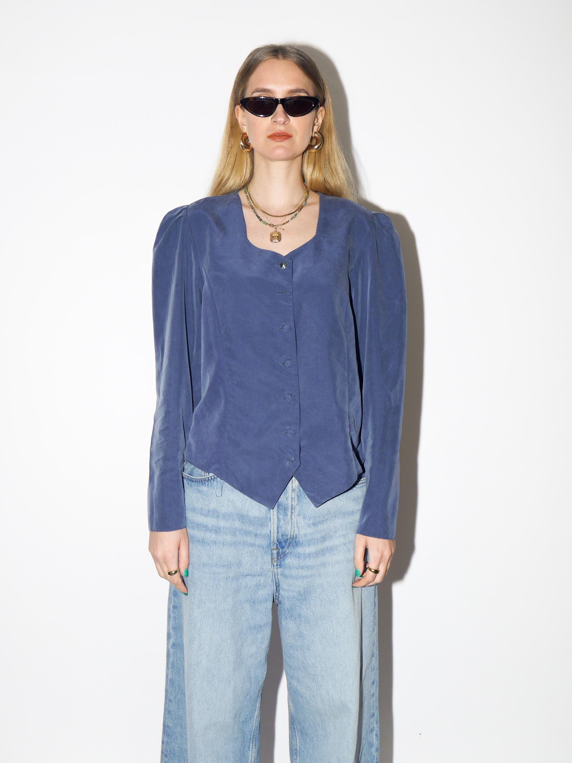 VINTAGE Blue Buttoned Blouse from 1980s with square neckline by Madame Rita®