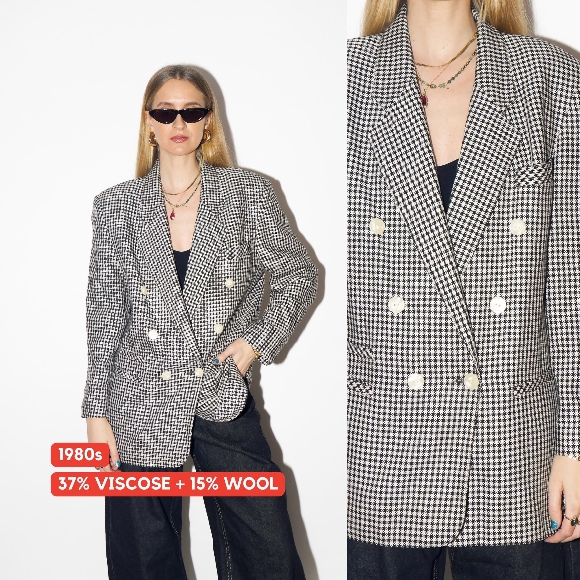 VINTAGE dogtooth double-breasted blazer from 1980s made of viscose and wool