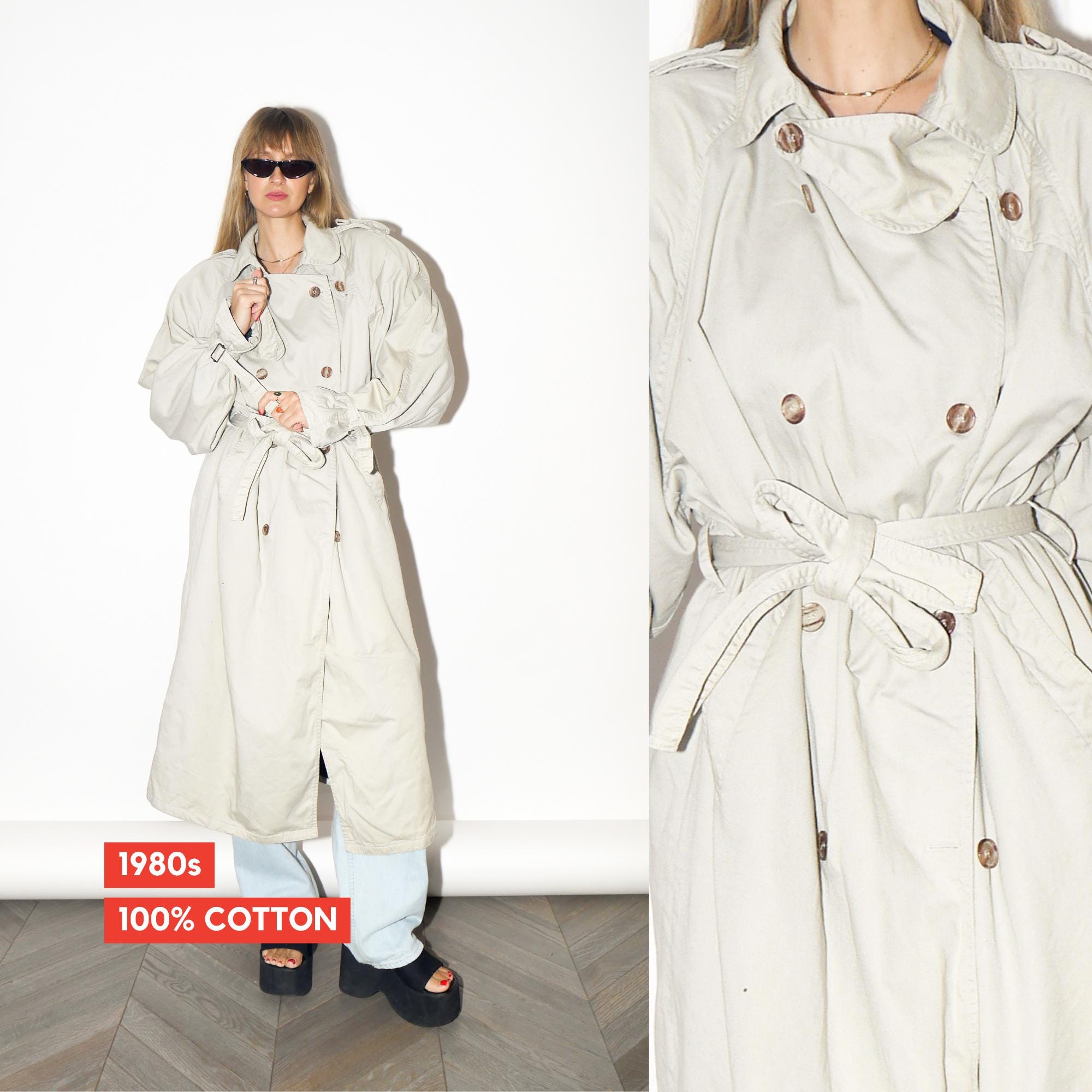 VINTAGE Beige Cotton Maxi Trench Coat With Belt And Printed Lining From The 1980s