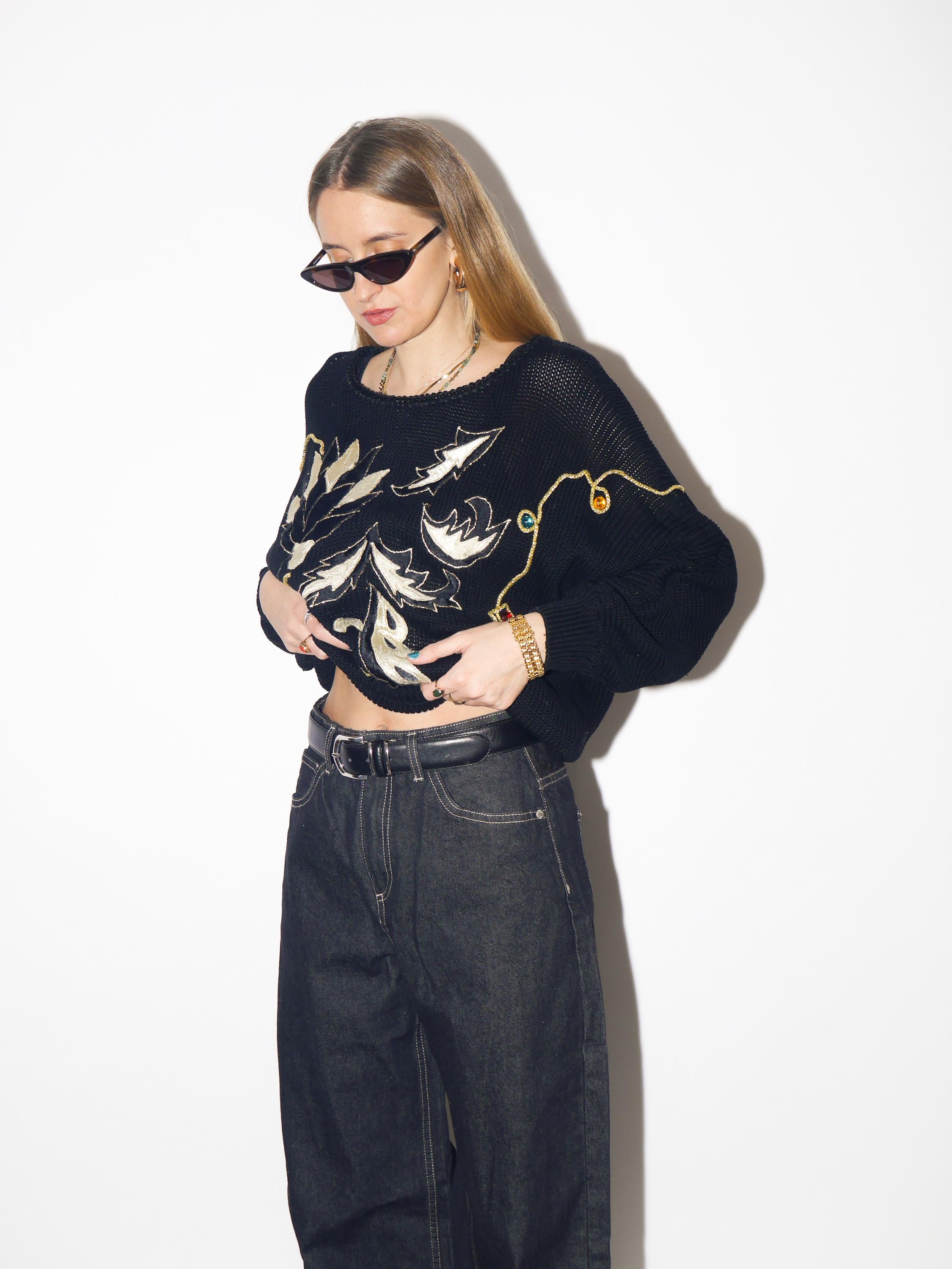 VINTAGE black oversize cotton sweater from 1980s with gold embroidery