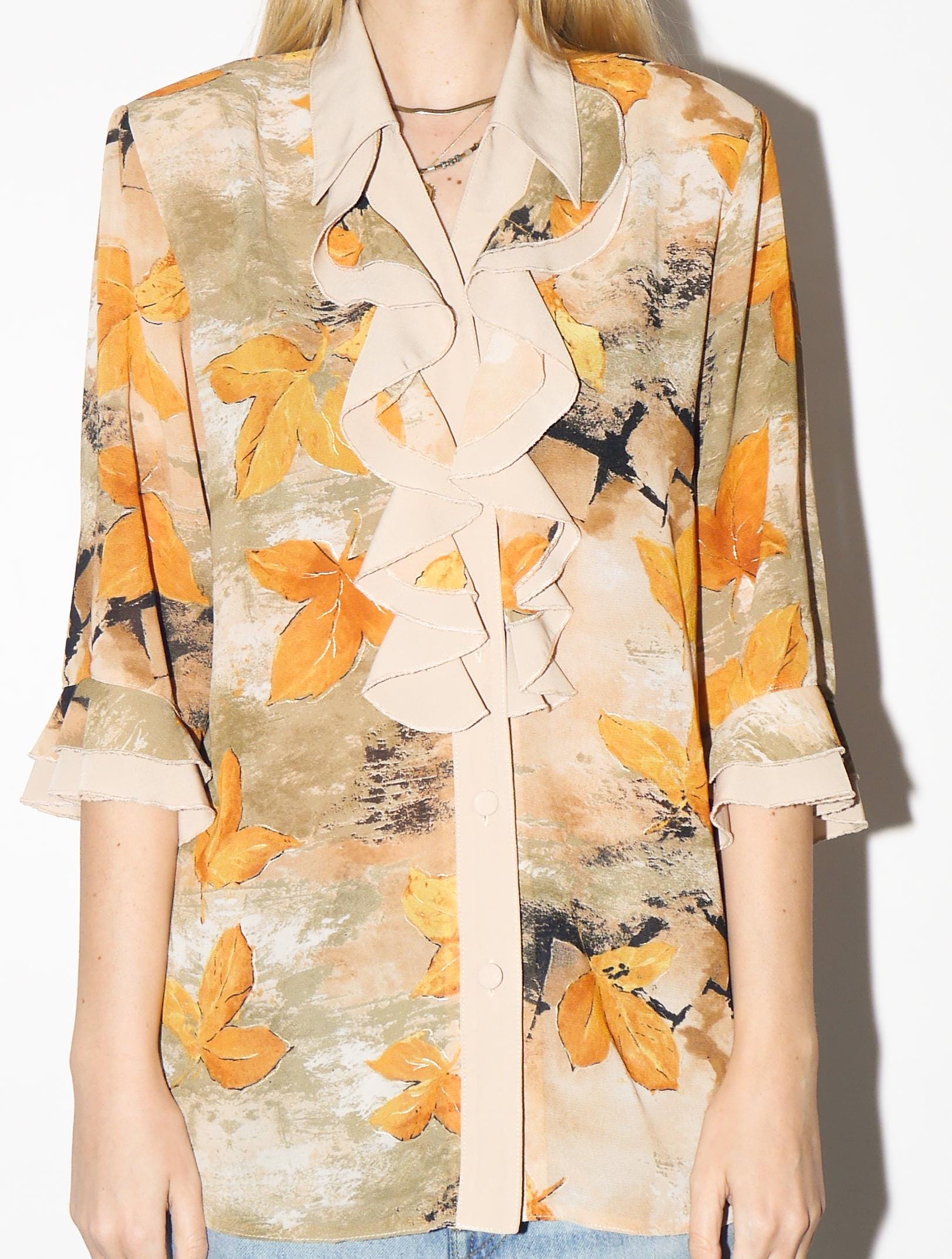 VINTAGE Beige & Yellow Leaf Print Blouse from 1980s | Retro Jabot Shirt by Izabel®