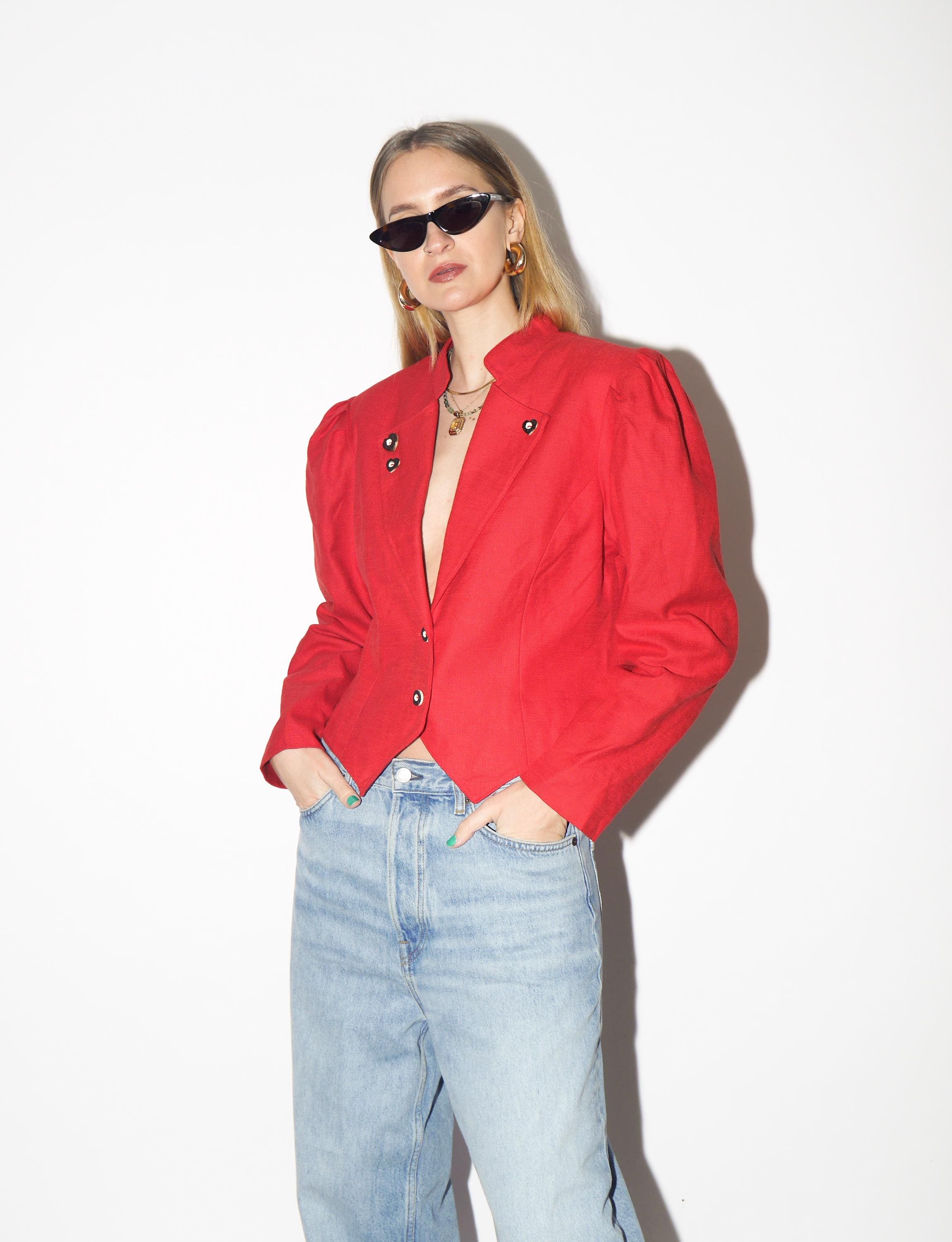 VINTAGE Red Folk Blazer from 1990s made of Cotton & Linen | Original Folk Blazer