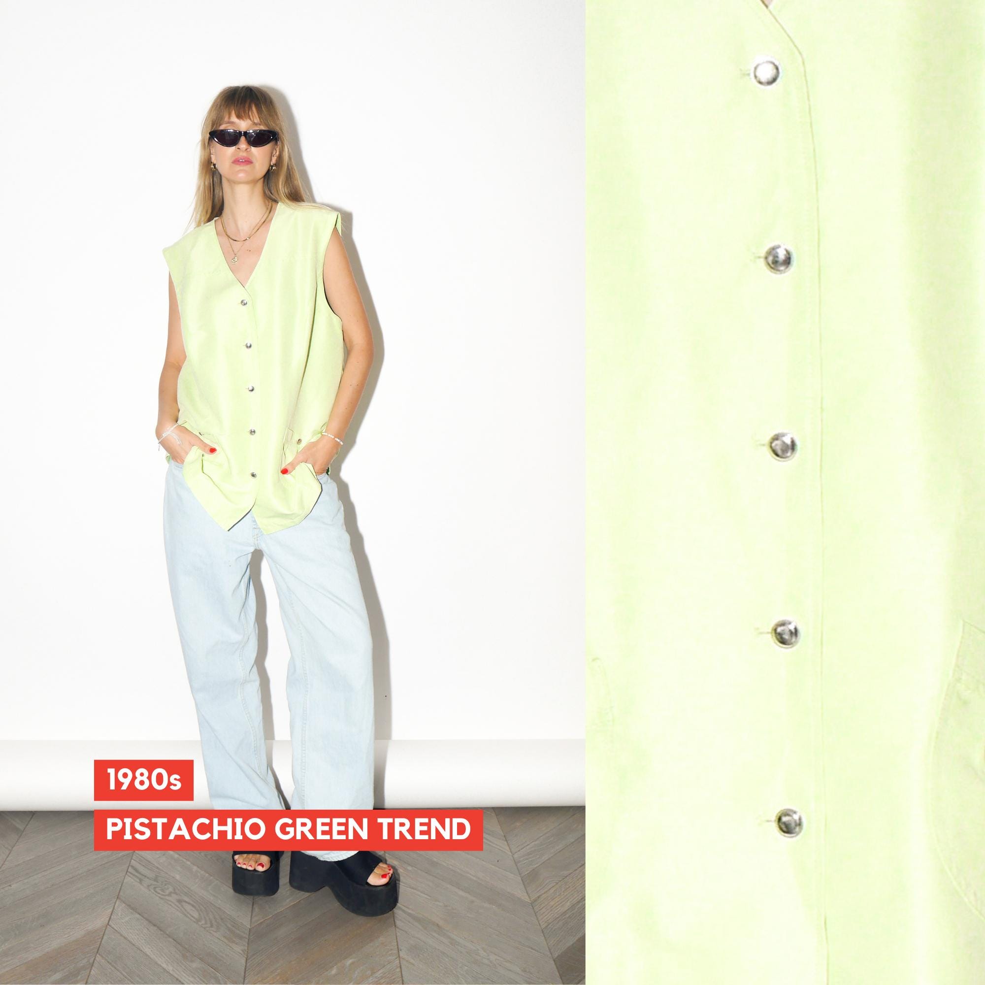 VINTAGE Neon Pistachio Green Statement Vest With Metal Buttons From The 1980s