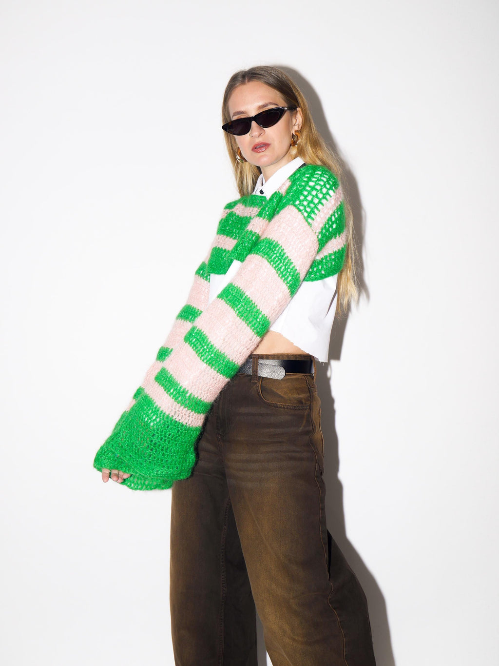 VINTAGE Pink & Green Hand Knitted Wool Cropped Sweater from 1980s