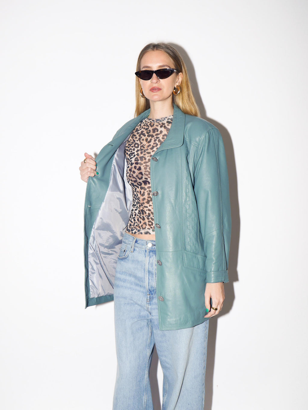 VINTAGE Blue Leather Jacket from 1990s | Oversize Blue Leather Jacket