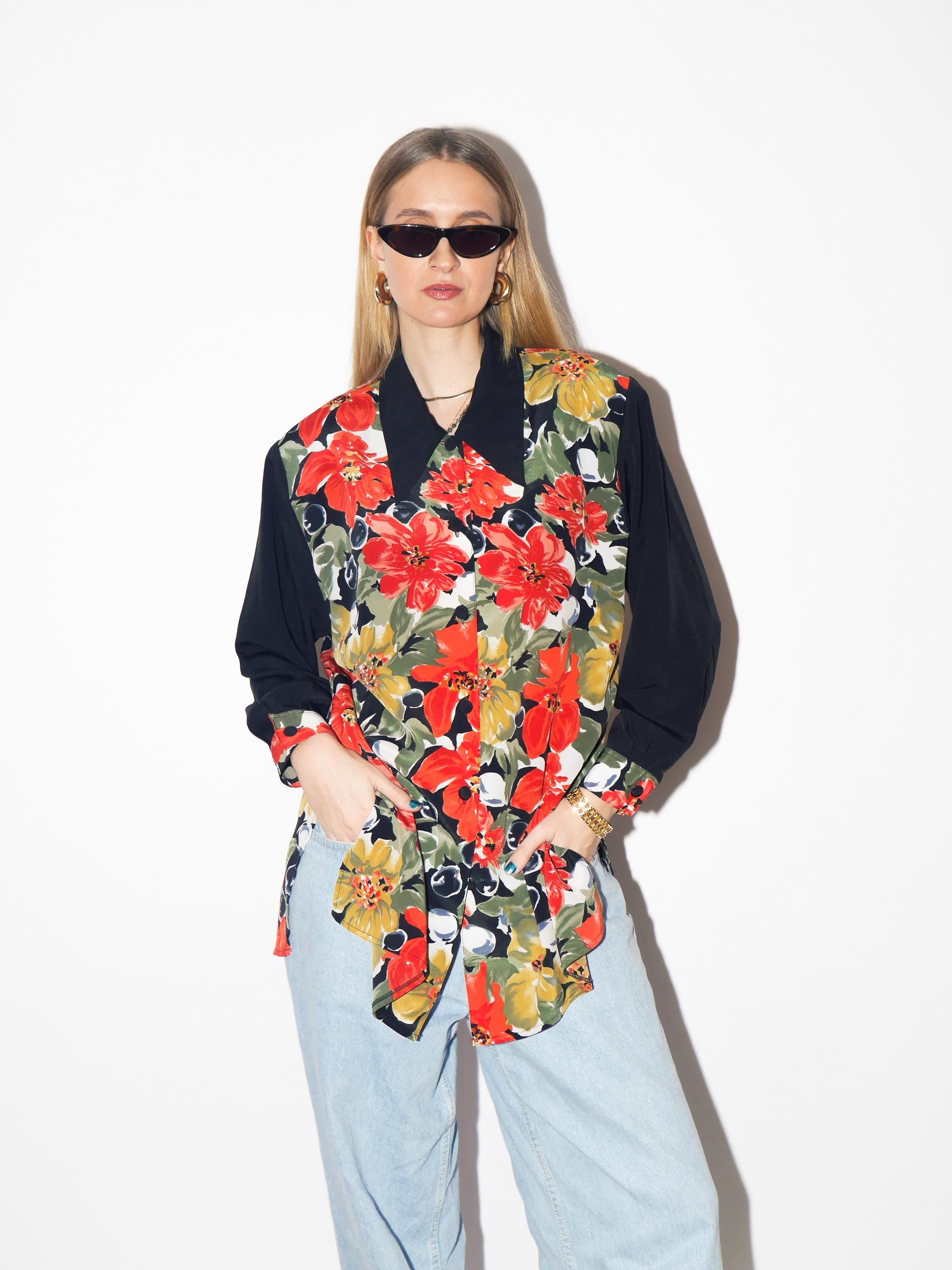 VINTAGE floral blouse from 1980s by Chris B® with black sleeves & shoulder pads