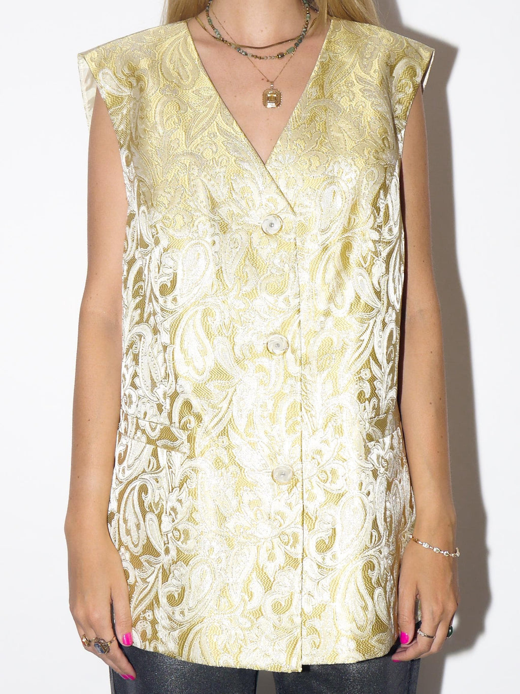 VINTAGE Gold Embroidered Oversized Vest With Glitter Buttons From The 1980s