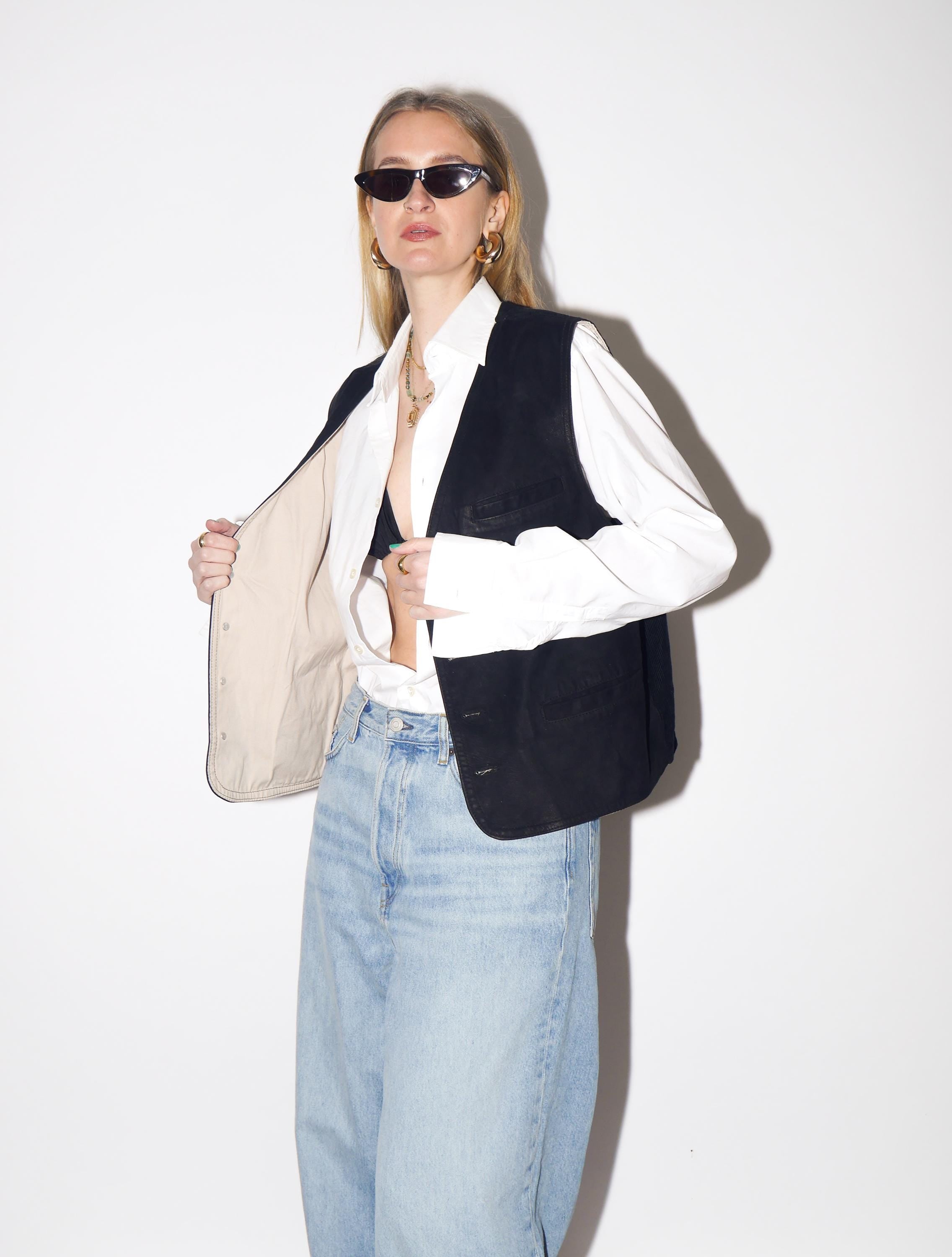 VINTAGE Black Suede & Corduroy Vest from 1980s | Retro Leather Waistcoat