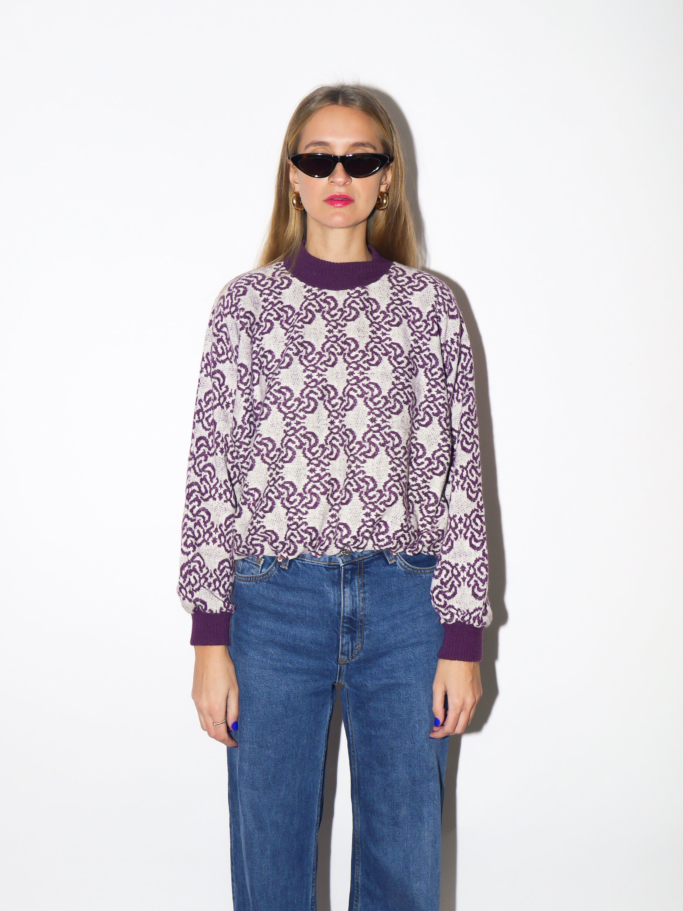 VINTAGE Italian sweater 1980s | purple and white pattern pullover sweater | vintage warm pullover knitwear | retro sweater