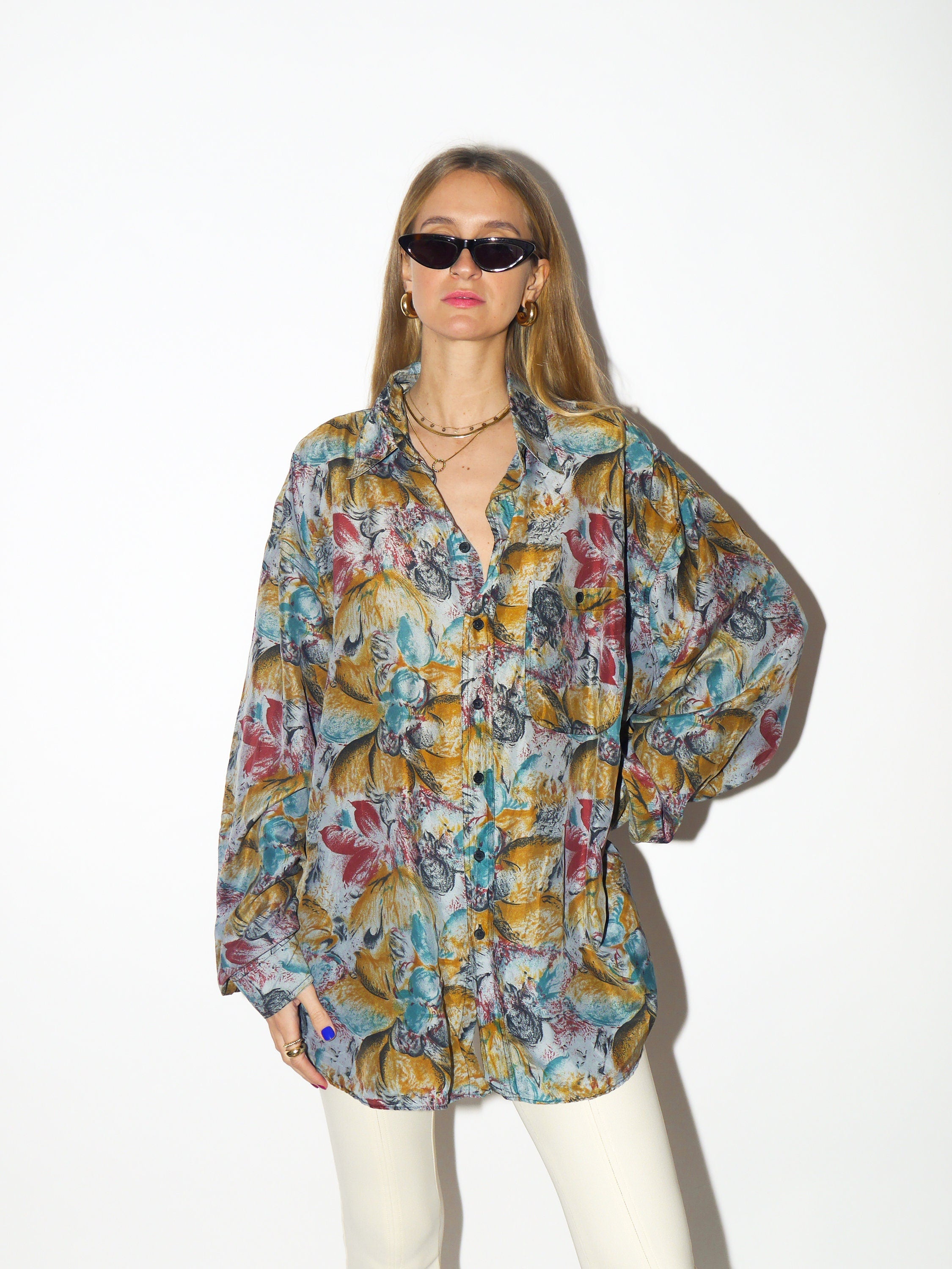 VINTAGE Silk shirt 1980s | 100% Silk shirt | Arpino vintage shirt | colorful shirt | retro oversize shirt | abstract pattern | vintage Silk