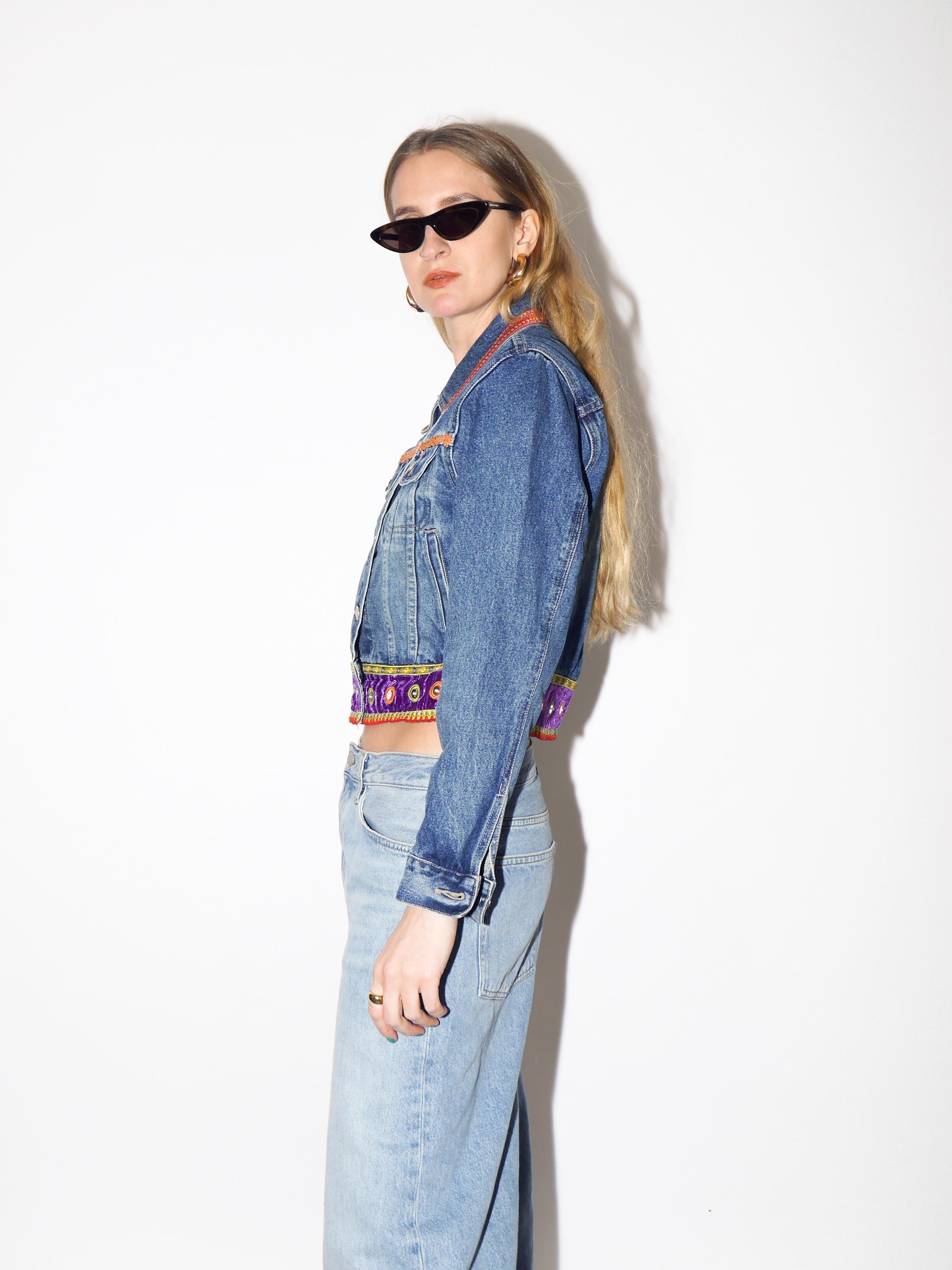 VINTAGE Cropped Jeans Jacket with Hippie Boho Elements from 1990s