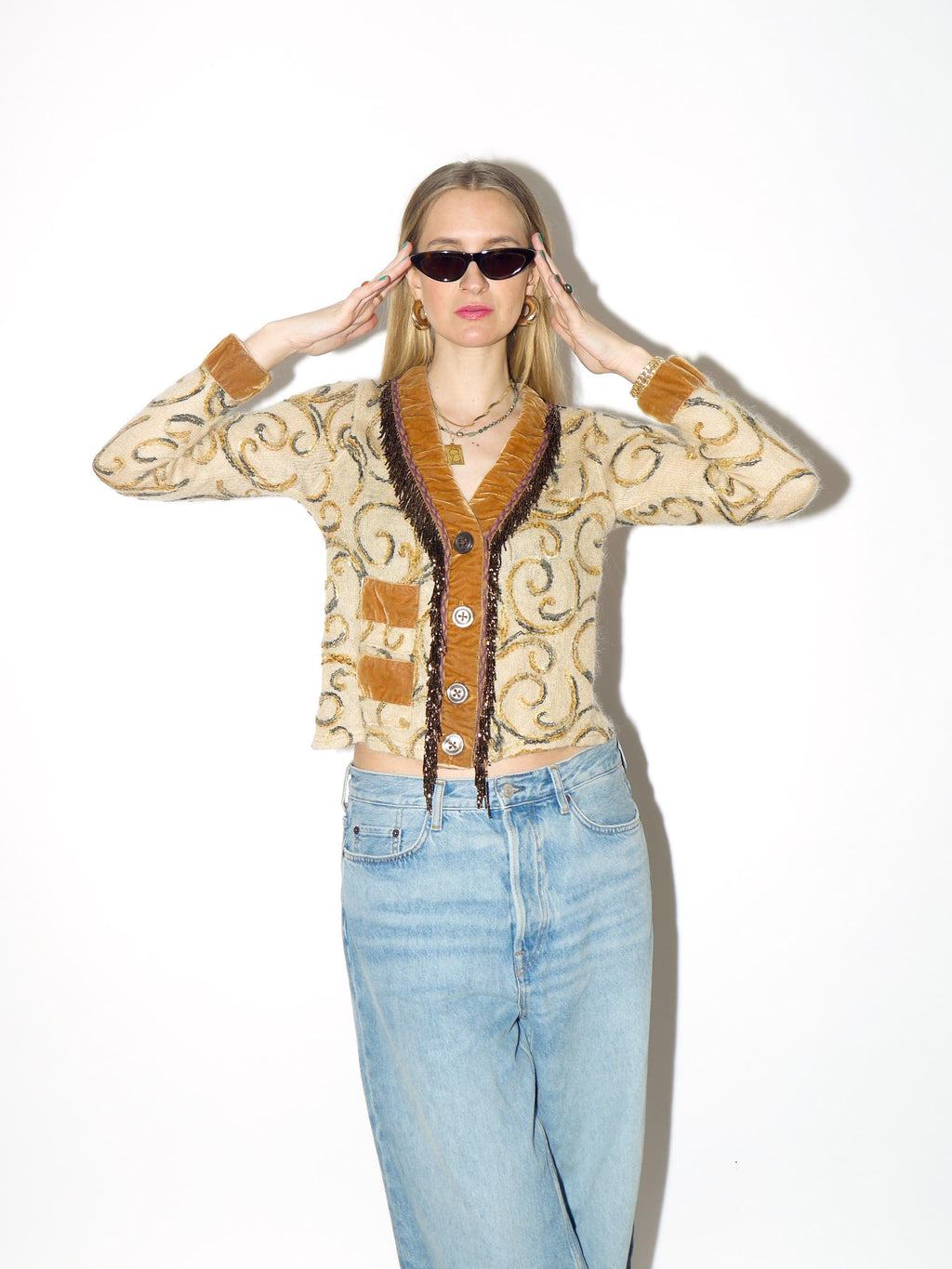 VINTAGE beige mohair cardigan from 1990s with bead embroidery, velvet elements