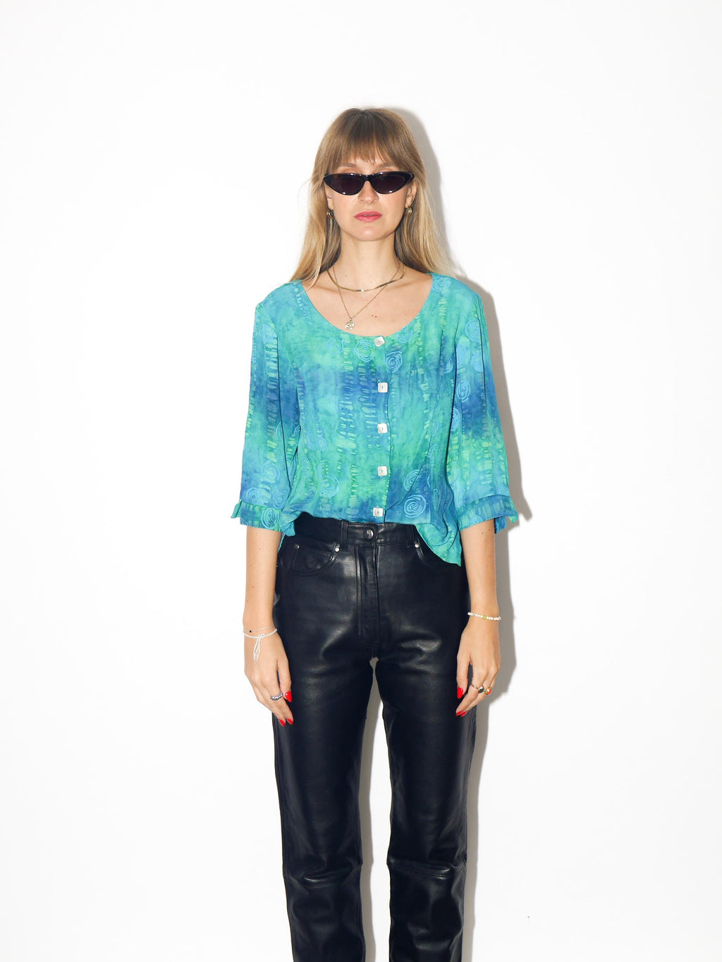 VINTAGE Green And Blue Tie‑Dye Viscose Blouse With Opalised Buttons From The 1980s By Unikat