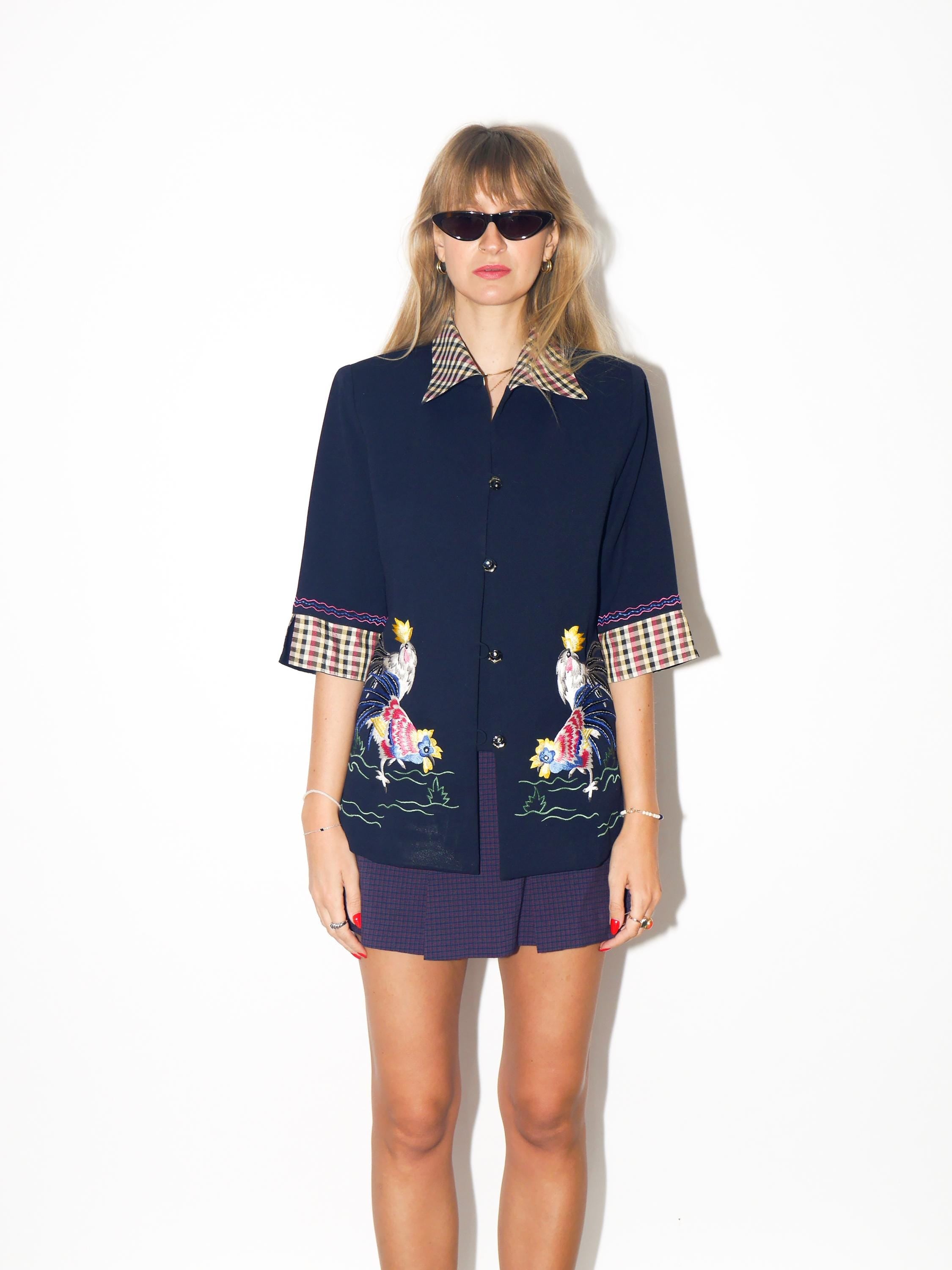 VINTAGE Dark Navy Embroidered Blouse With Rooster Motif And Glitter Buttons From The 1980s