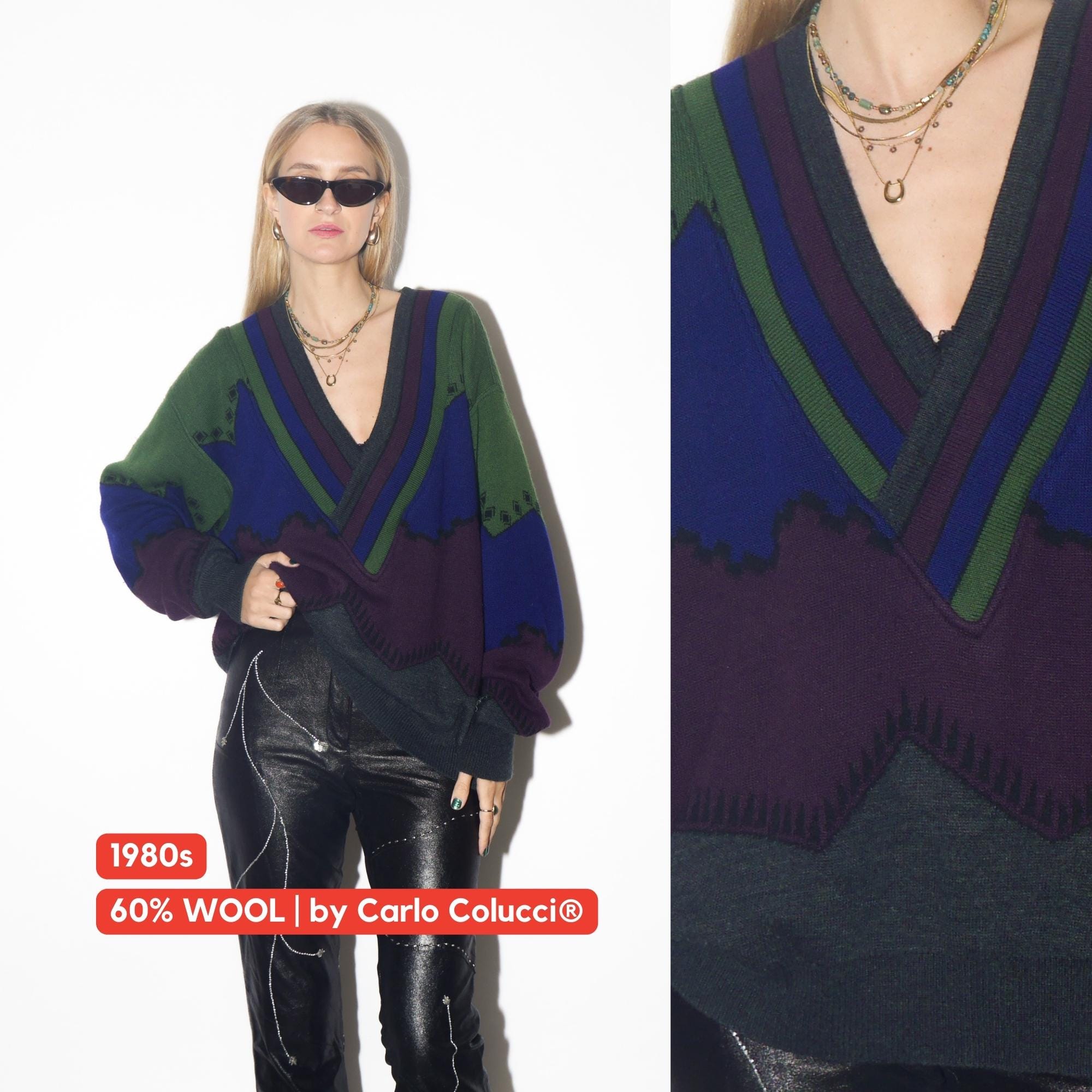 VINTAGE wool oversize sweater from 1980s in purple, burgundy and gray pattern
