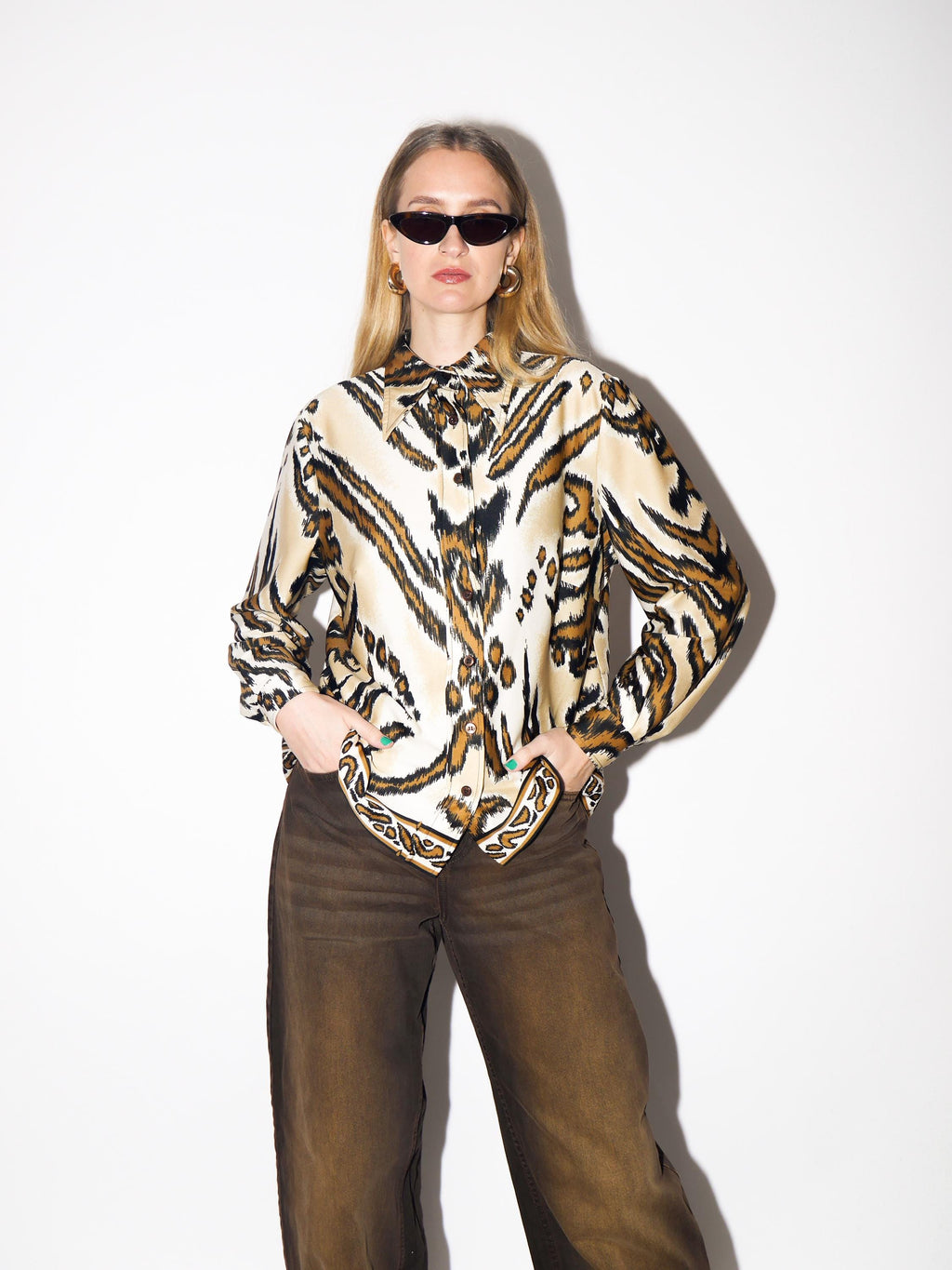 VINTAGE Beige & Brown Animal Print Blouse from 1980s | Vintage Tiger Print Shirt