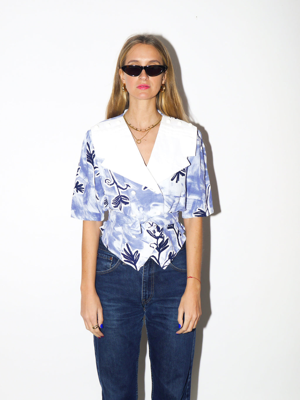 VINTAGE 100% Viscose double breasted blouse 1980s | blue and white abstract pattern women's blouse | big collar vintage shirt