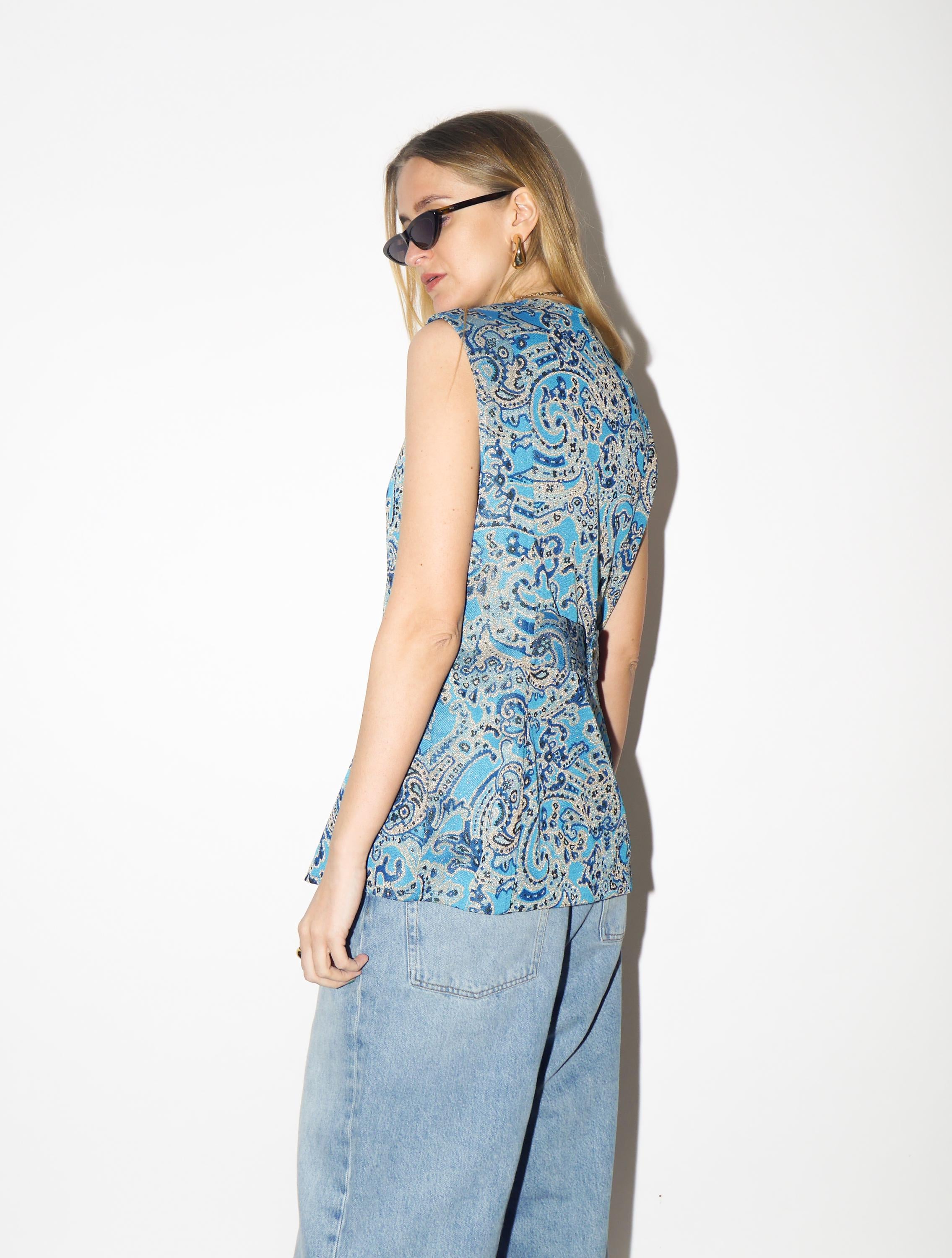 VINTAGE Blue Metallic and Gold Vest from 1980s | Elegant Embroidery Waistcoat