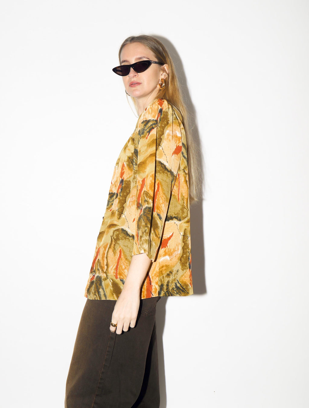 VINTAGE Yellow Abstract Blouse from 1980s | Open Front Flowy Orange Blouse