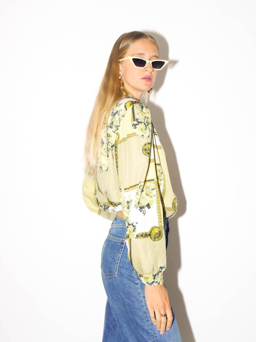 VINTAGE shirt from 1980s in green with chain and floral pattern | feminine soft retro blouse | oversize retro blouse from XS to XL | modopol