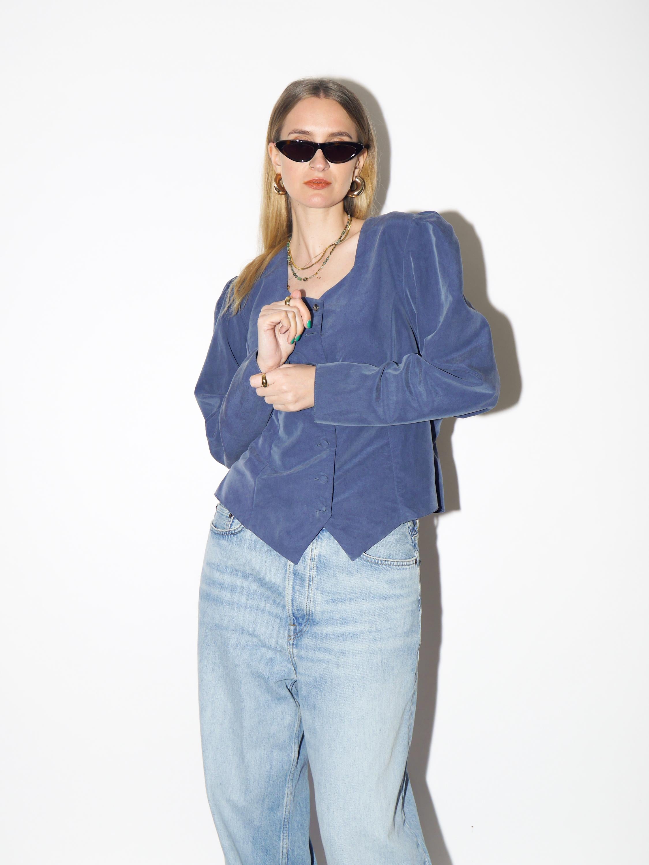 VINTAGE Blue Buttoned Blouse from 1980s with square neckline by Madame Rita®
