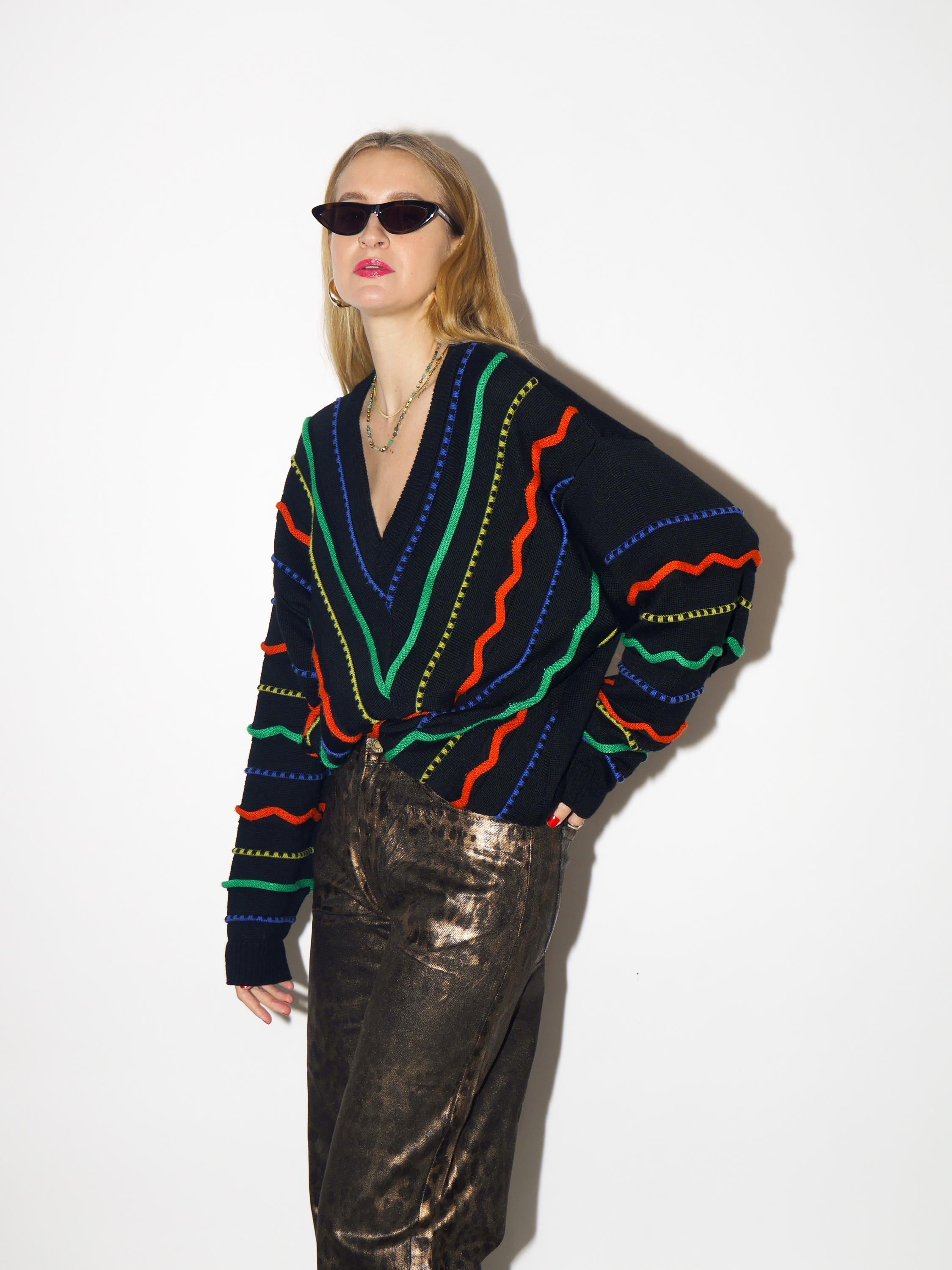 VINTAGE sweater, oversized black pullover with merino wool and cotton from 1980s