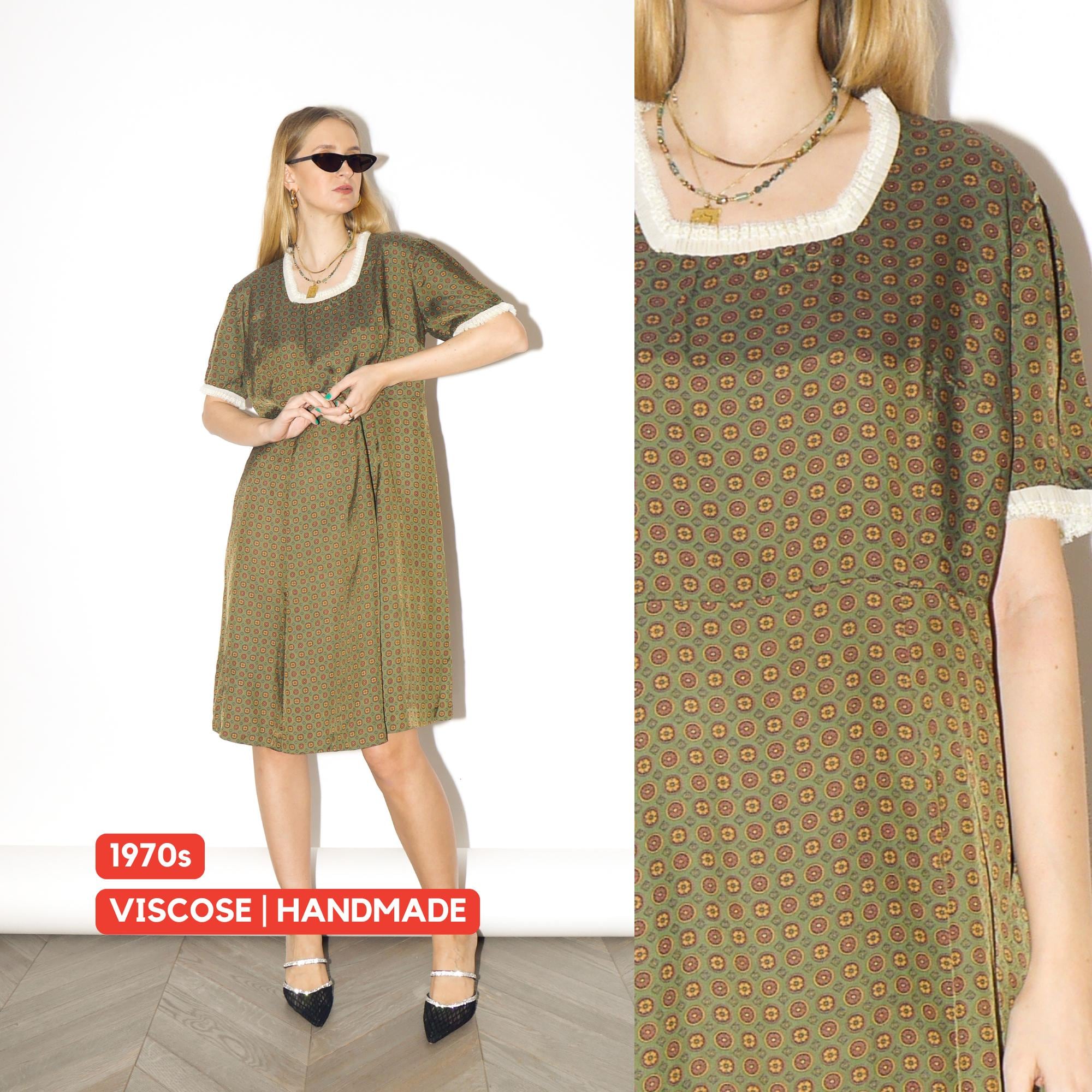VINTAGE Green Knee-Length Dress from 1970s | Handmade Cream Lace Ruffles Dress