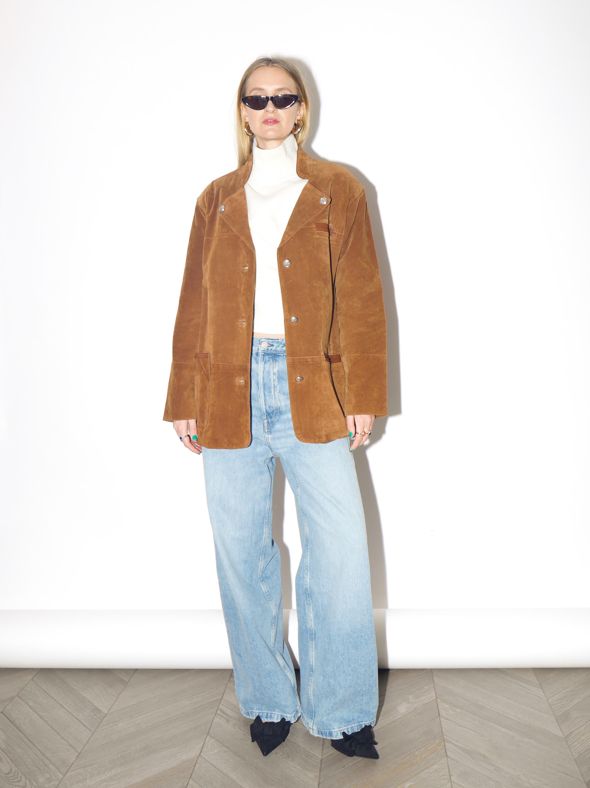 VINTAGE Brown Suede Leather Jacket from 1990s | Folk Style Orange Brown Jacket