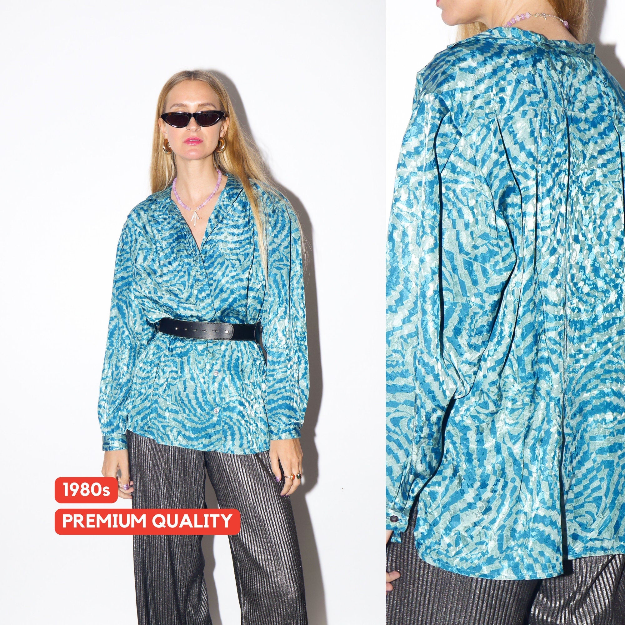 VINTAGE psychedelic animal print turquoise blouse by KONFEKTIONPLAUEN® from 1980s | retro oversize style blouse with puffer sleeves