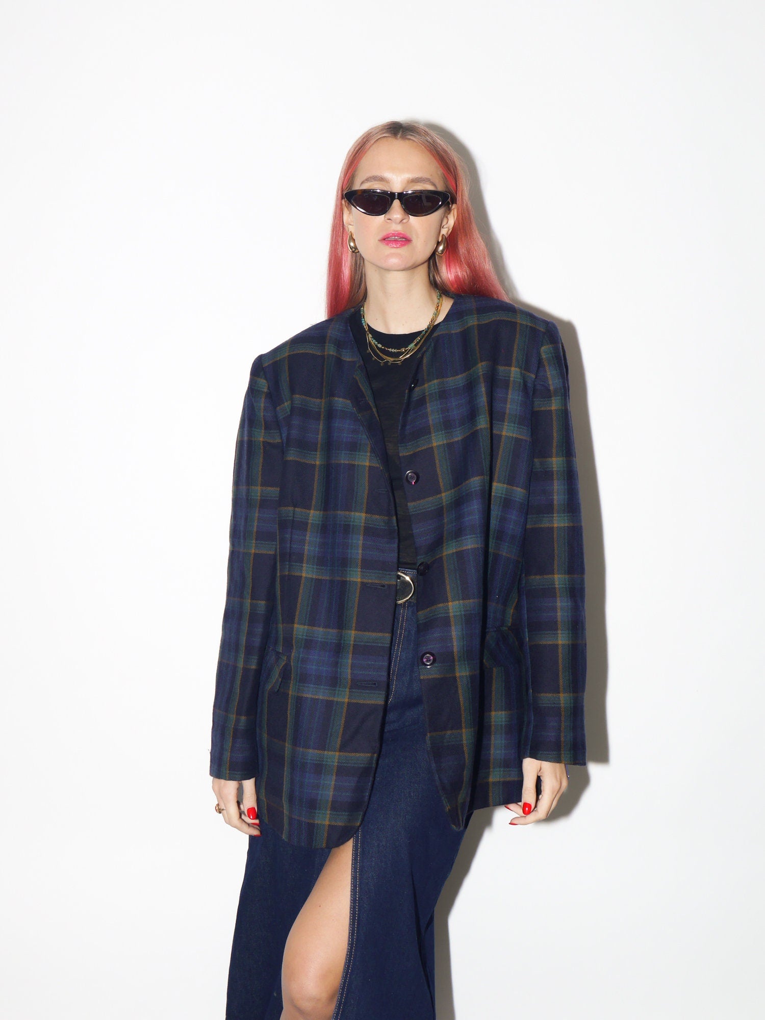 VINTAGE 100% wool blazer 80s by Compliment | pure new wool blazer | vintage oversized wool blazer | blue and green check blazer
